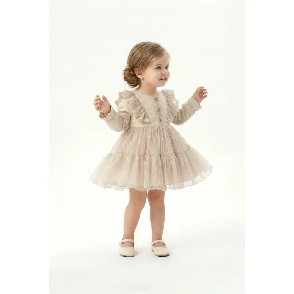 Kız Bebek Elbise Kız Çocuk Elbise Güllü Doğum Günü Parti Düğün Özel Gün Uzun Kol Astarlı Fiyonklu - Krem