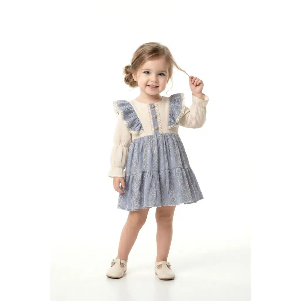 Kız Bebek Elbise Kız Çocuk Elbise Güllü Doğum Günü Parti Düğün Özel Gün Uzun Kol Astarlı Fiyonklu - Mavi
