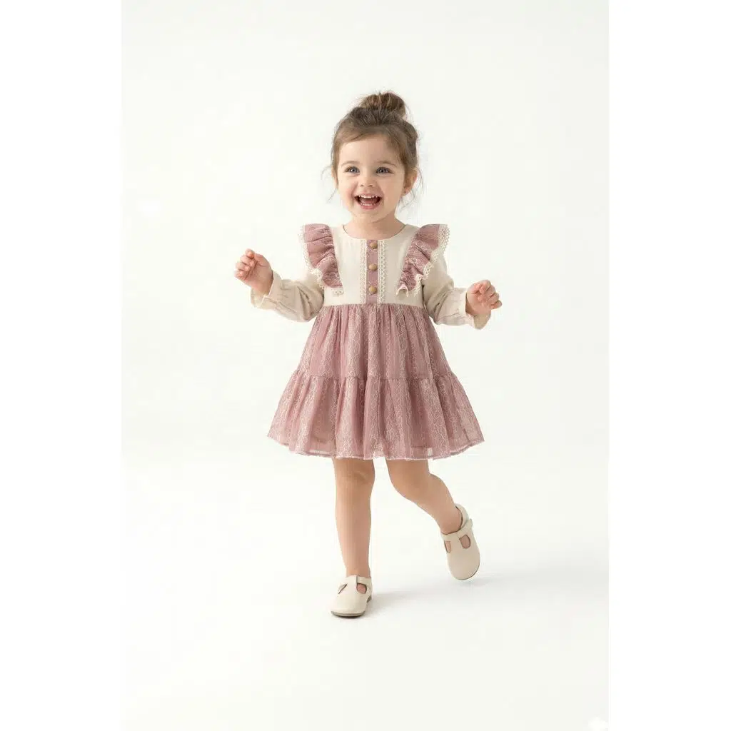 Kız Bebek Elbise Kız Çocuk Elbise Güllü Doğum Günü Parti Düğün Özel Gün Uzun Kol Astarlı Fiyonklu - Koyu Pembe