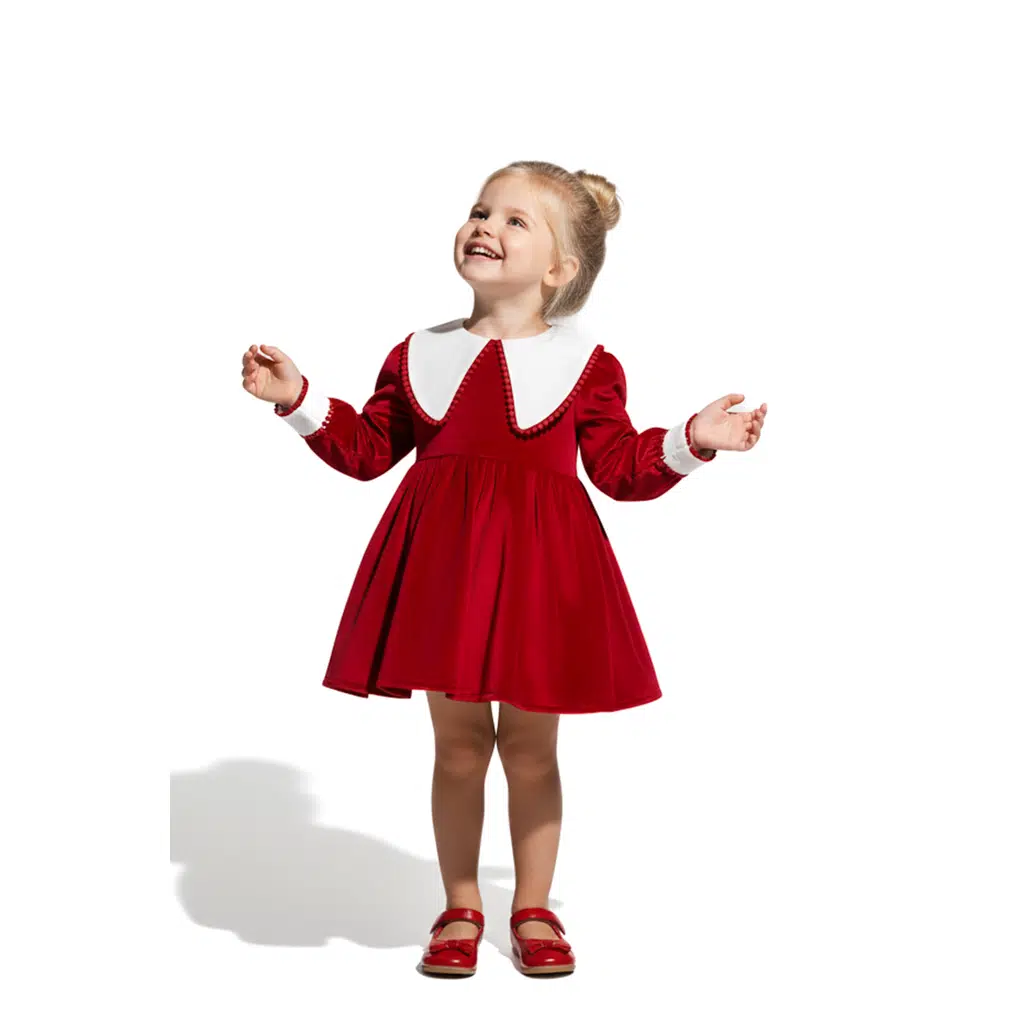 Kız Bebek Elbise Kız Çocuk Elbise Kadife Doğum Günü Parti Düğün Özel Gün Uzun Kol Astarlı Kurdela - Koyu Kırmızı