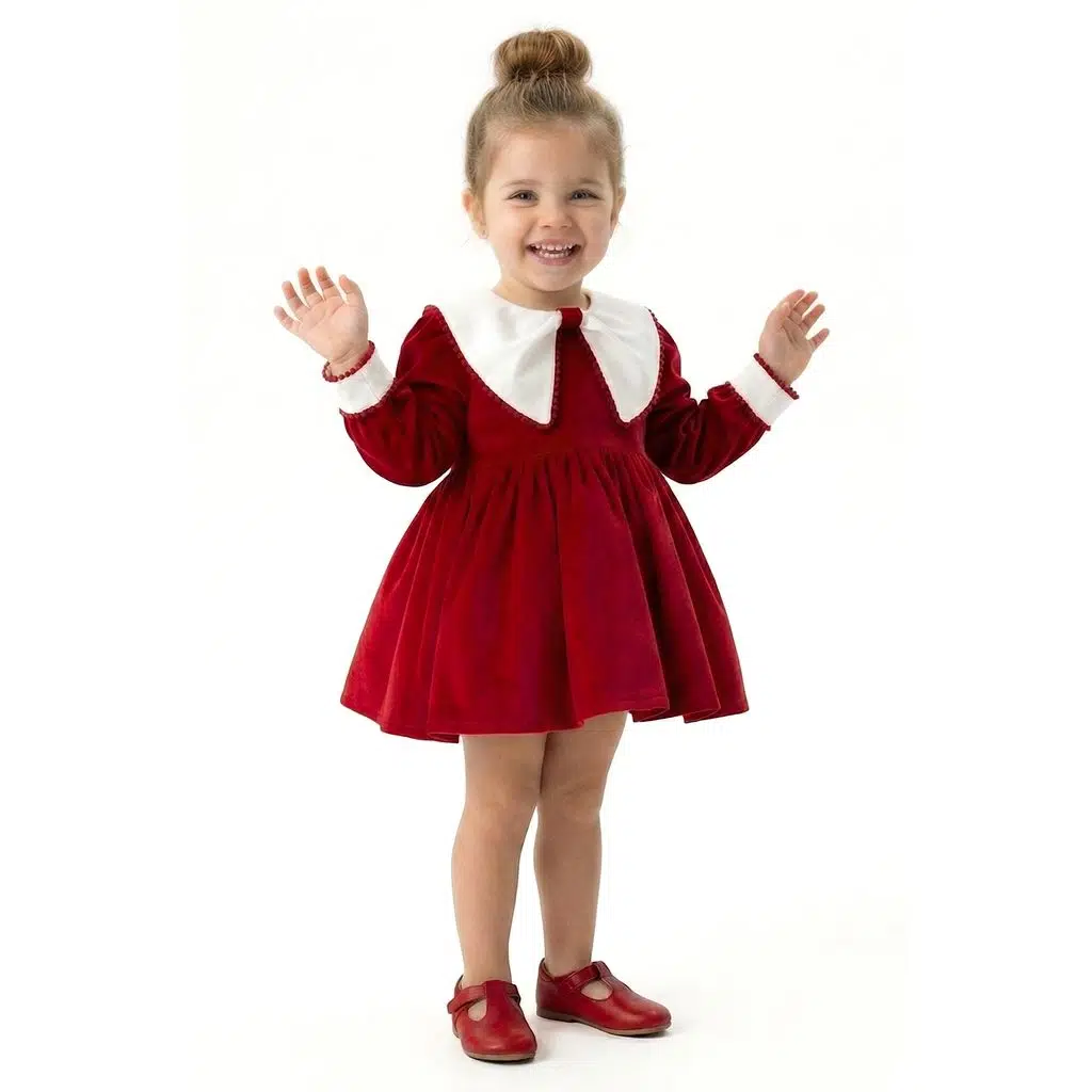 Kız Bebek Elbise Kız Çocuk Elbise Kadife Doğum Günü Parti Düğün Özel Gün Uzun Kol Astarlı Kurdela - Kırmızı