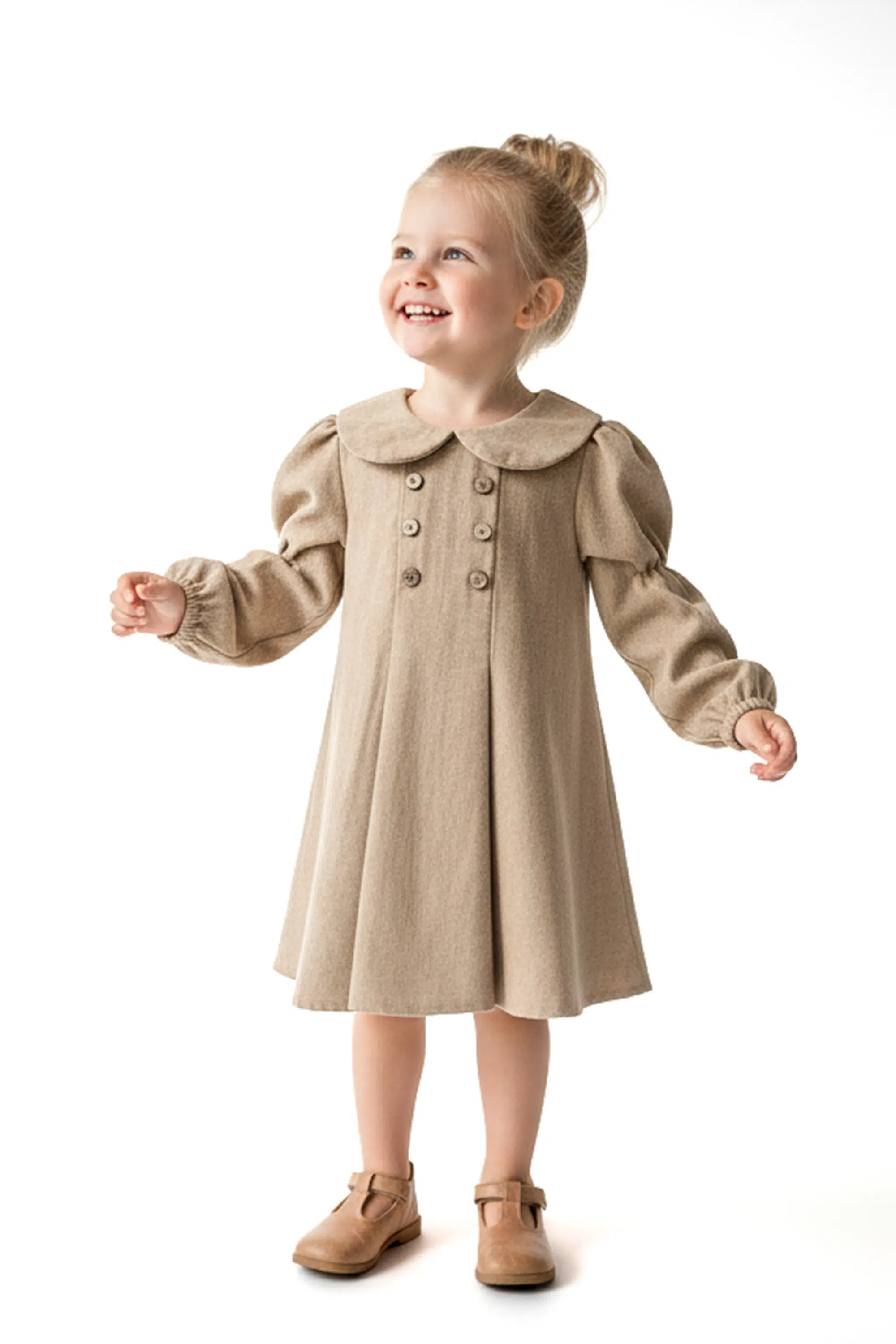 Kız Bebek Elbise Kız Çocuk Elbise Keten Doğum Günü Parti Düğün Özel Gün Uzun Kol Yakalı Astarlı - Kahverengi