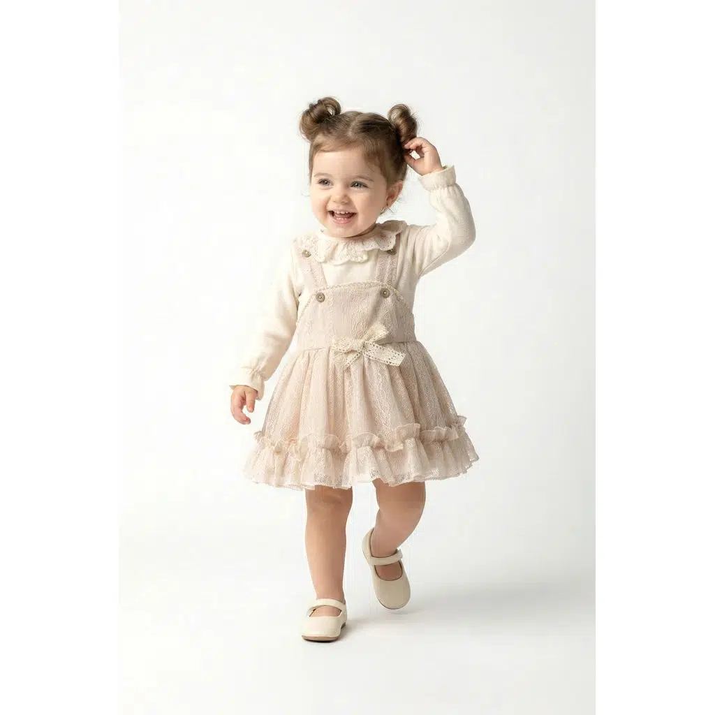 Kız Bebek Elbise Kız Çocuk Elbise Kurdelalı Doğum Günü Parti Düğün Özel Gün Bayramlık Elbise - Krem