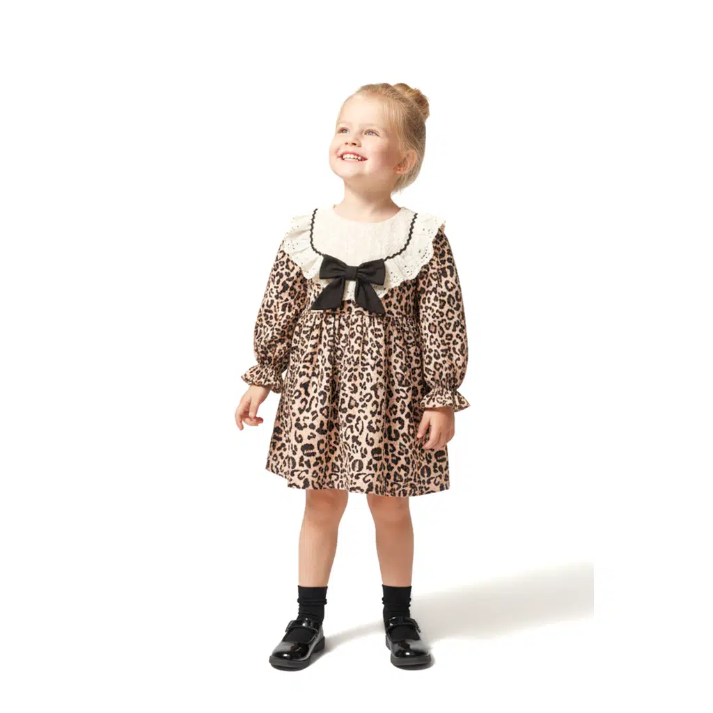 Kız Bebek Elbise Kız Çocuk Elbise Leopar Doğum Günü Parti Düğün Özel Gün Uzun Kol Astarlı Elbise - Kahverengi