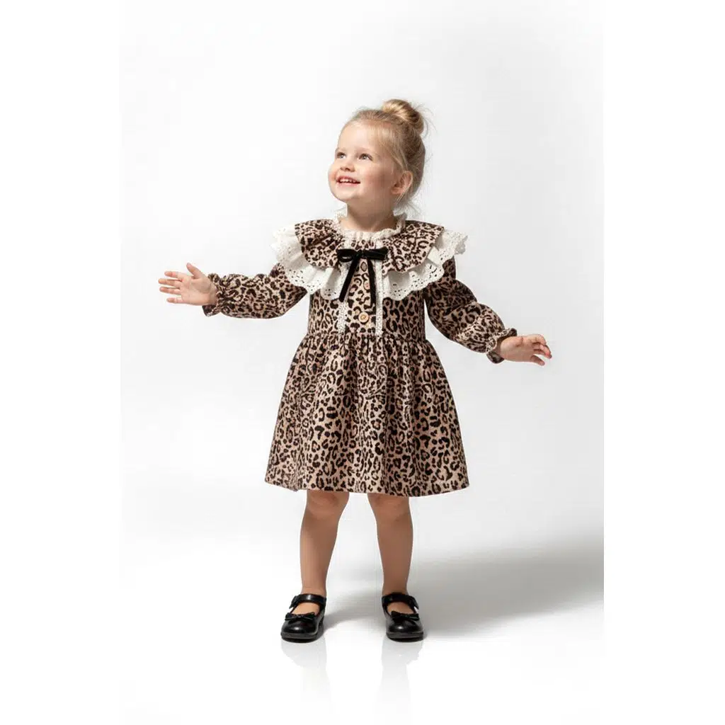Kız Bebek Elbise Kız Çocuk Elbise Leopar Doğum Günü Parti Düğün Özel Gün Uzun Kol Astarlı Elbise - Açık Kahverengi