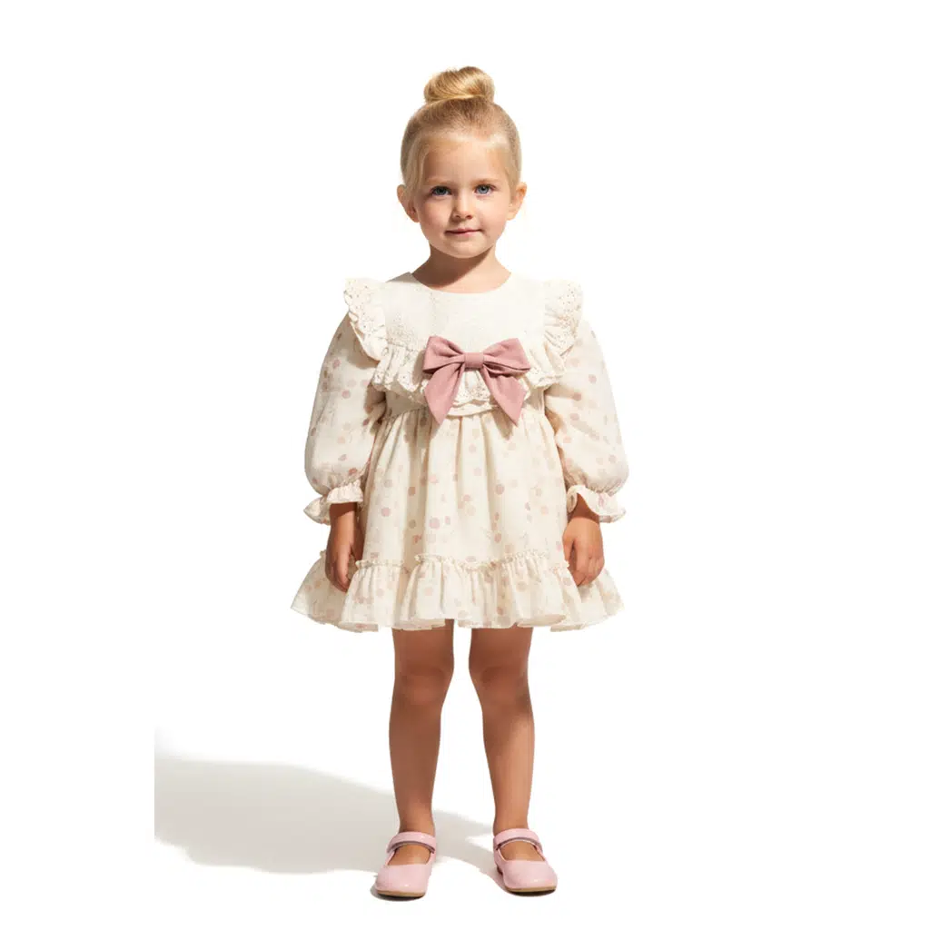 Kız Bebek Elbise Kız Çocuk Elbise Puanlı Doğum Günü Parti Düğün Özel Gün Uzun Kol Fiyonk Astarlı - Koyu Pembe