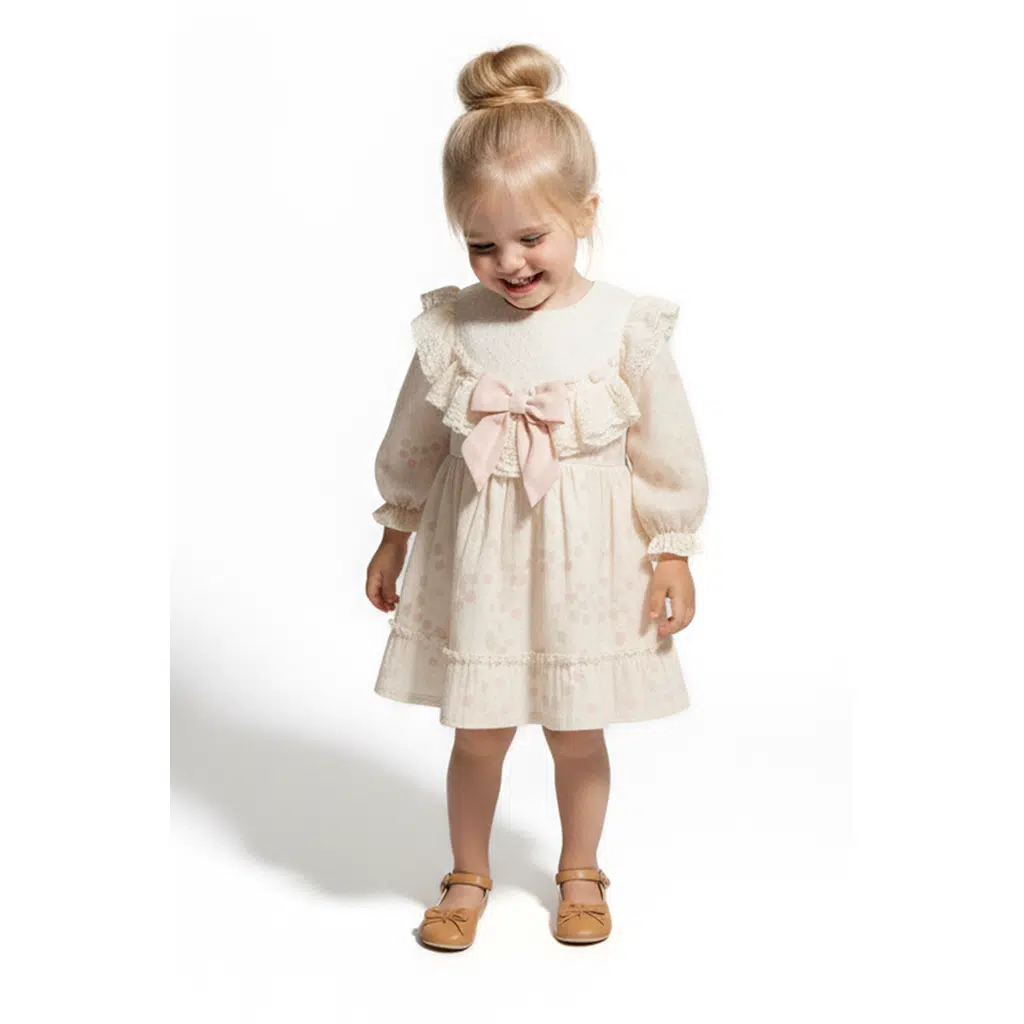 Kız Bebek Elbise Kız Çocuk Elbise Puanlı Doğum Günü Parti Düğün Özel Gün Uzun Kol Fiyonk Astarlı - Pembe