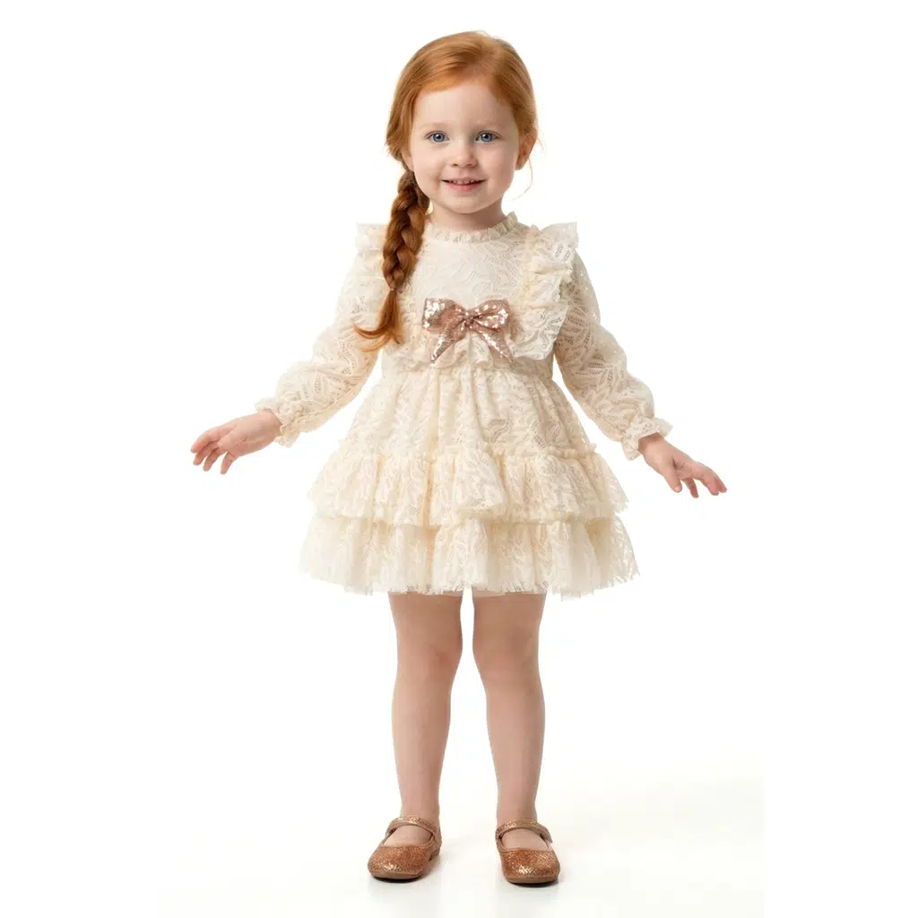 Kız Bebek Elbise Kız Çocuk Elbise Yakalı Doğum Günü Parti Düğün Özel Gün Tütü Tüllü Fiyonklu Astarlı - Krem