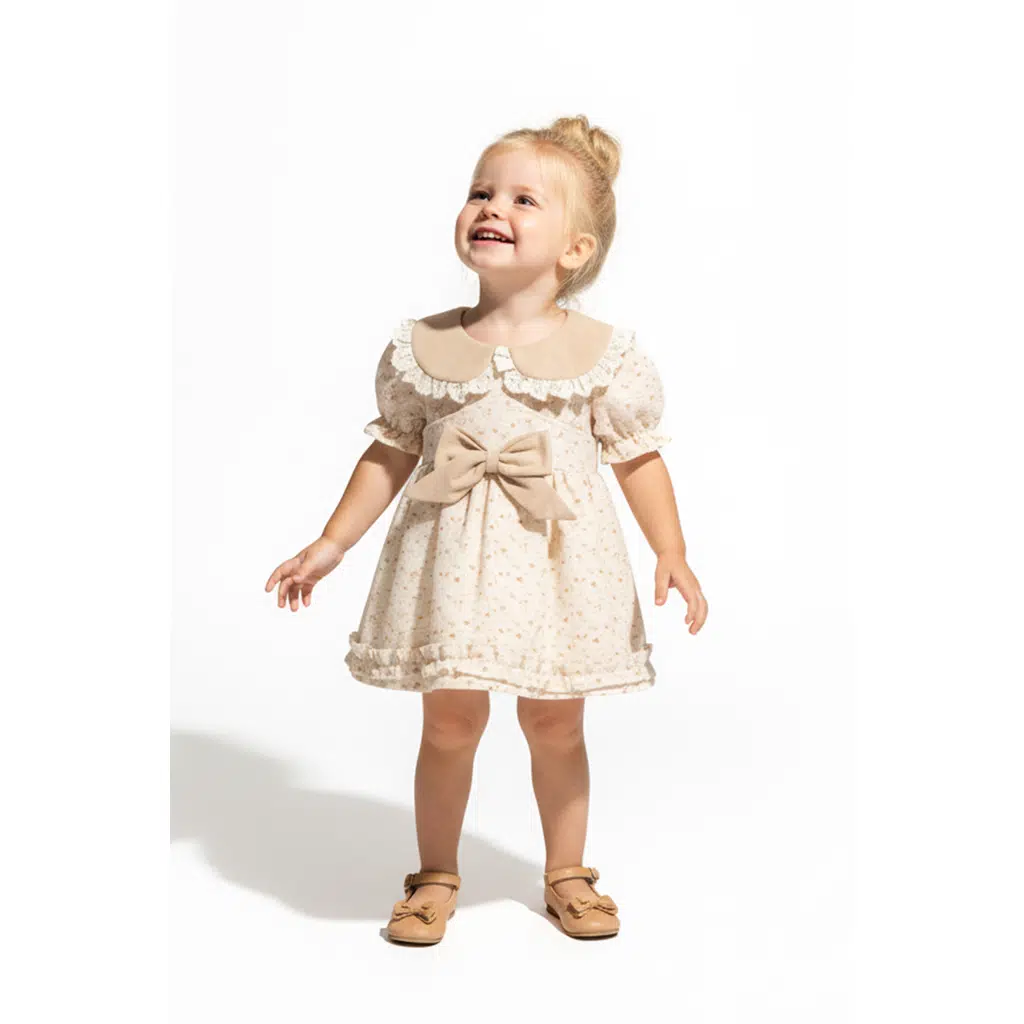 Kız Bebek Elbise Kız Çocuk Elbise Yakalı Doğum Günü Parti Düğün Özel Gün Uzun Kol Astarlı Çiçekli - Kahverengi