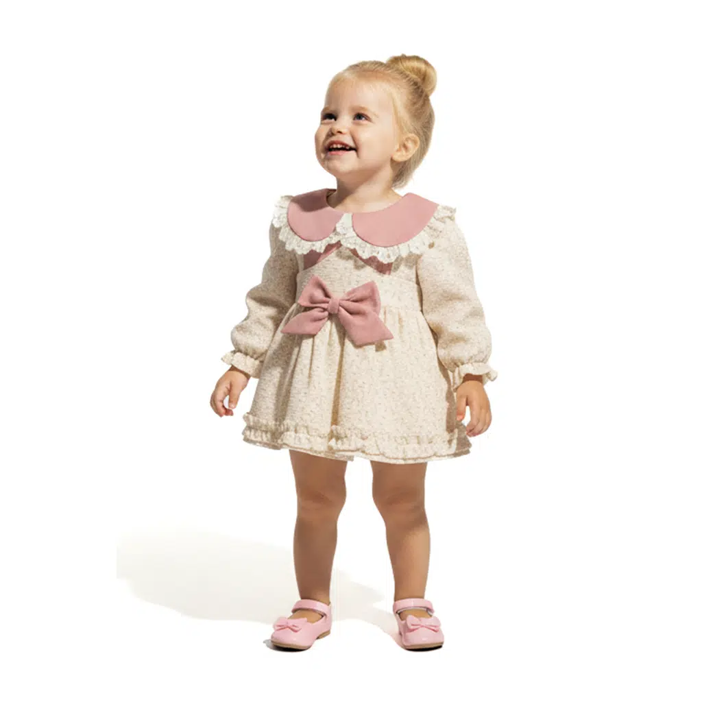 Kız Bebek Elbise Kız Çocuk Elbise Yakalı Doğum Günü Parti Düğün Özel Gün Uzun Kol Astarlı Çiçekli - Koyu Pembe