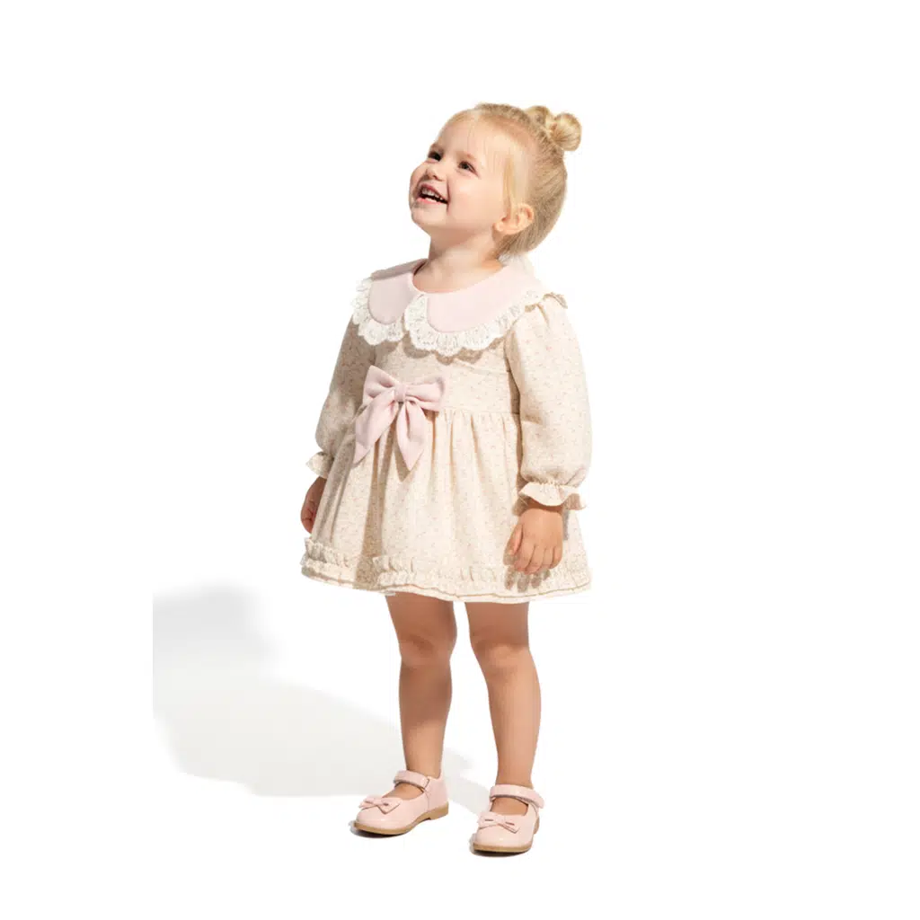 Kız Bebek Elbise Kız Çocuk Elbise Yakalı Doğum Günü Parti Düğün Özel Gün Uzun Kol Astarlı Çiçekli - Pembe