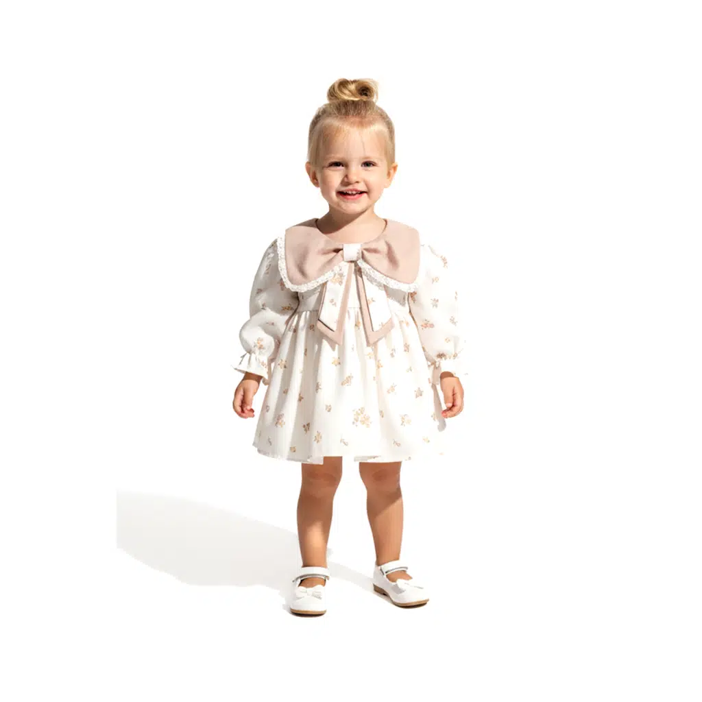 Kız Bebek Elbise Kız Çocuk Elbise Yakalı Doğum Günü Parti Düğün Özel Gün Uzun Kol Astarlı Çiçekli - Açık Kahverengi