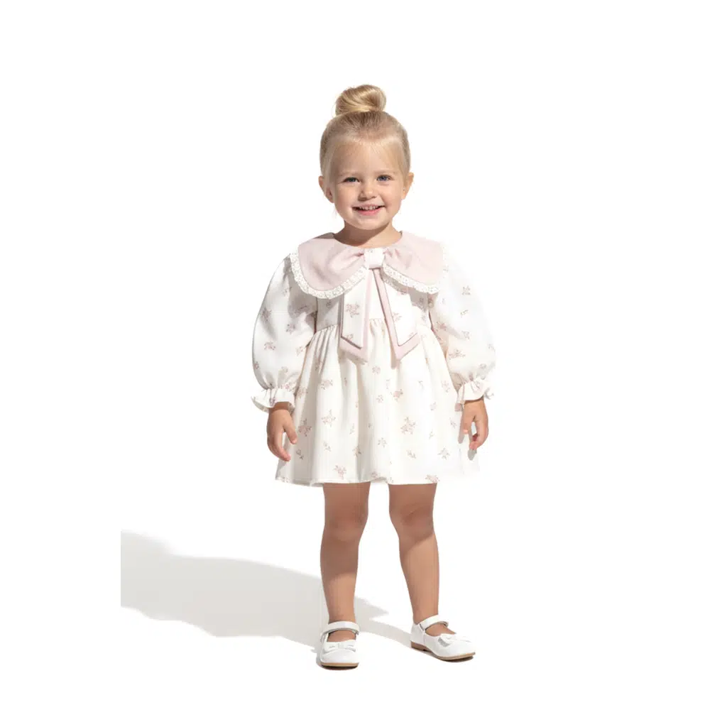 Kız Bebek Elbise Kız Çocuk Elbise Yakalı Doğum Günü Parti Düğün Özel Gün Uzun Kol Astarlı Çiçekli - Koyu Pembe