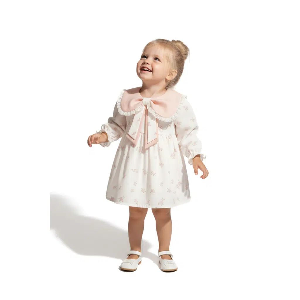 Kız Bebek Elbise Kız Çocuk Elbise Yakalı Doğum Günü Parti Düğün Özel Gün Uzun Kol Astarlı Çiçekli - Pudra