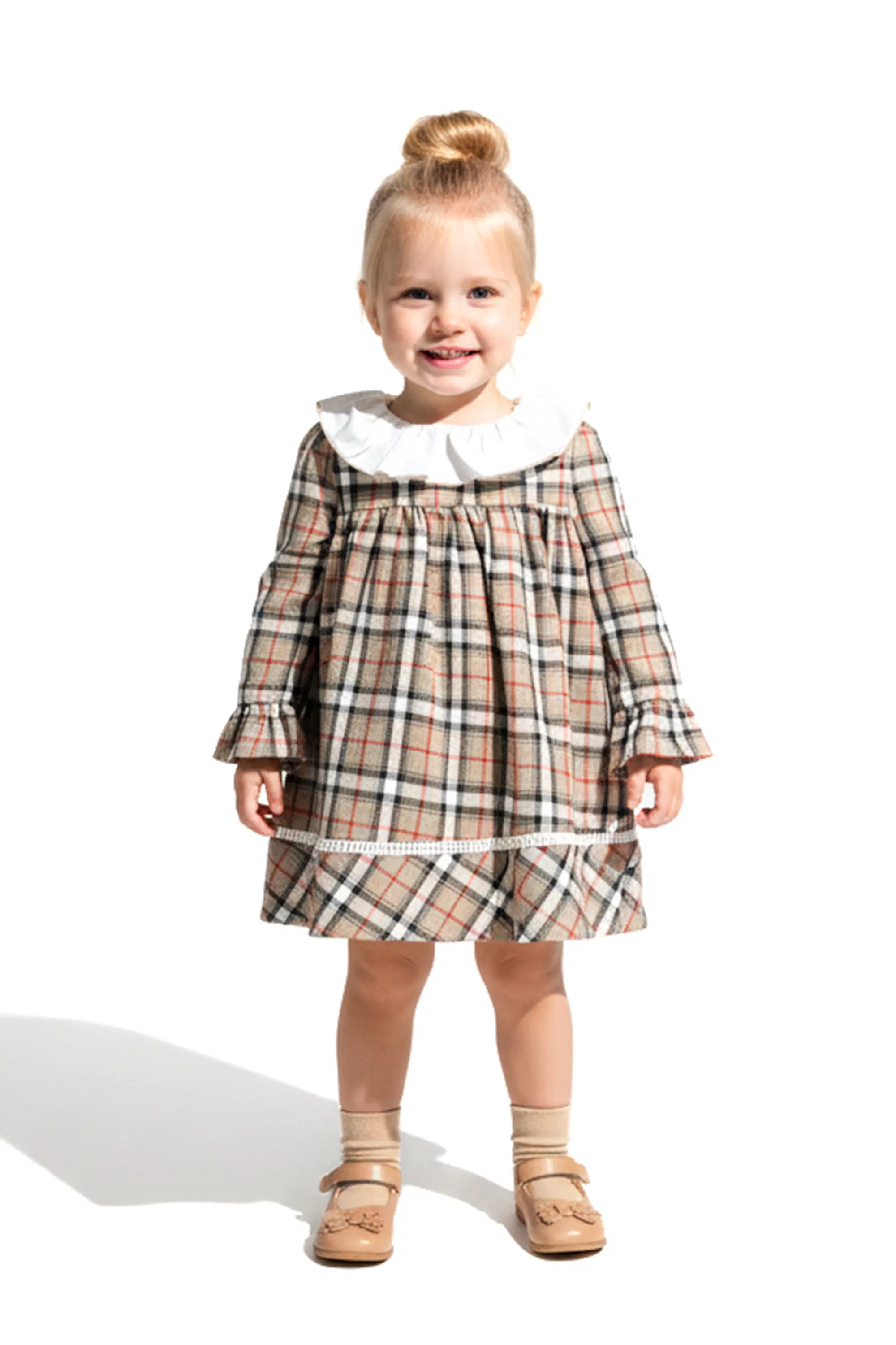 Kız Bebek Elbise Kız Çocuk Elbise Yakalı Doğum Günü Parti Düğün Özel Gün Uzun Kol Astarlı Ekose - Açık Kahverengi