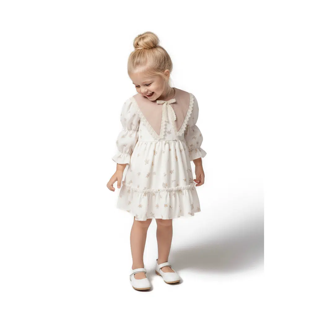 Kız Bebek Elbise Kız Çocuk Elbise Yakalı Doğum Günü Parti Düğün Özel Gün Uzun Kol Astarlı Elbise - Açık Kahverengi