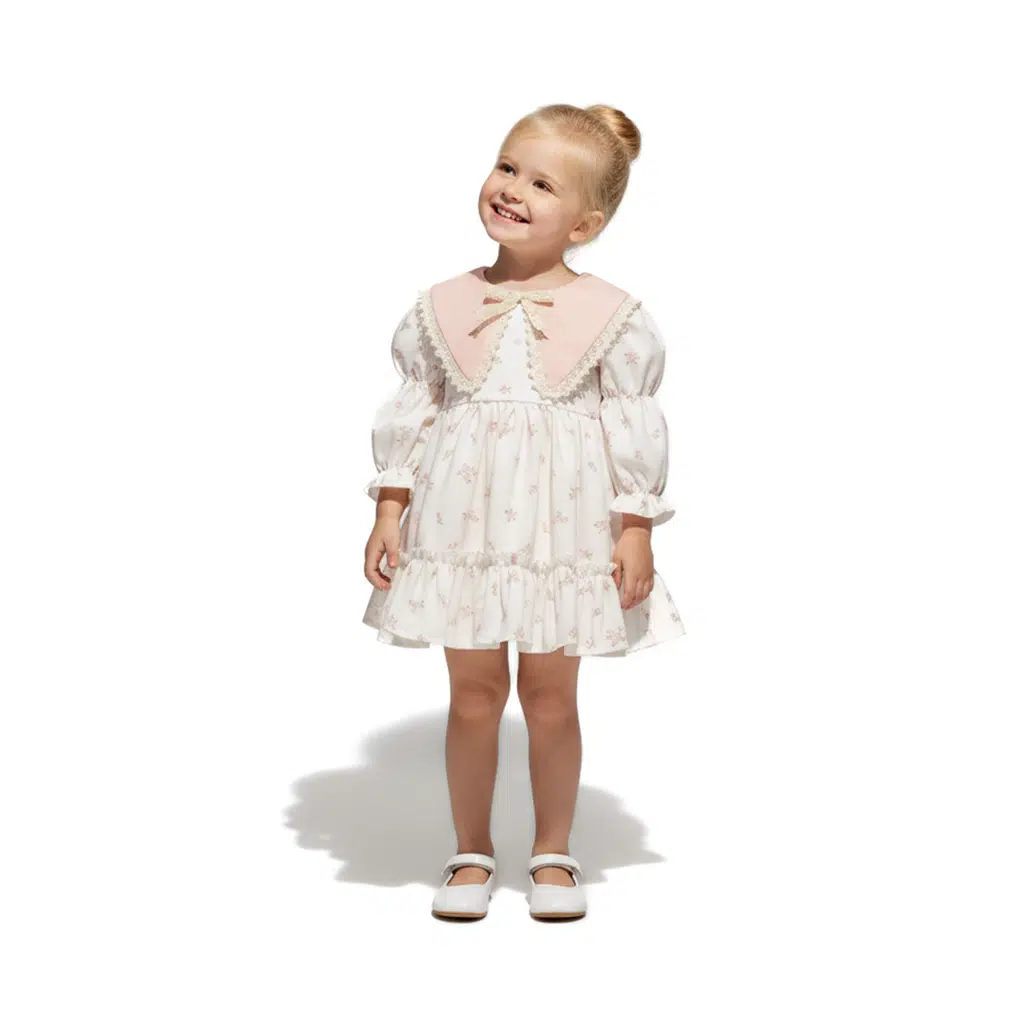 Kız Bebek Elbise Kız Çocuk Elbise Yakalı Doğum Günü Parti Düğün Özel Gün Uzun Kol Astarlı Elbise - Koyu Pembe