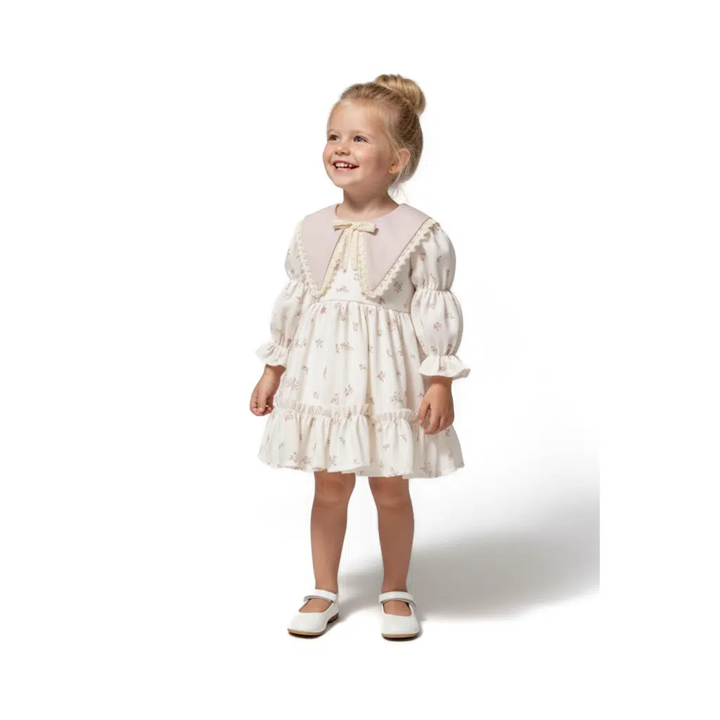 Kız Bebek Elbise Kız Çocuk Elbise Yakalı Doğum Günü Parti Düğün Özel Gün Uzun Kol Astarlı Elbise - Pudra