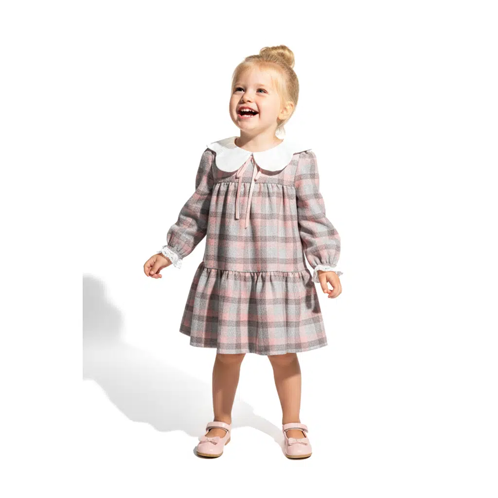 Kız Bebek Elbise Kız Çocuk Elbise Yakalı Doğum Günü Parti Düğün Özel Gün Uzun Kol Astarlı Kurdela - Gri