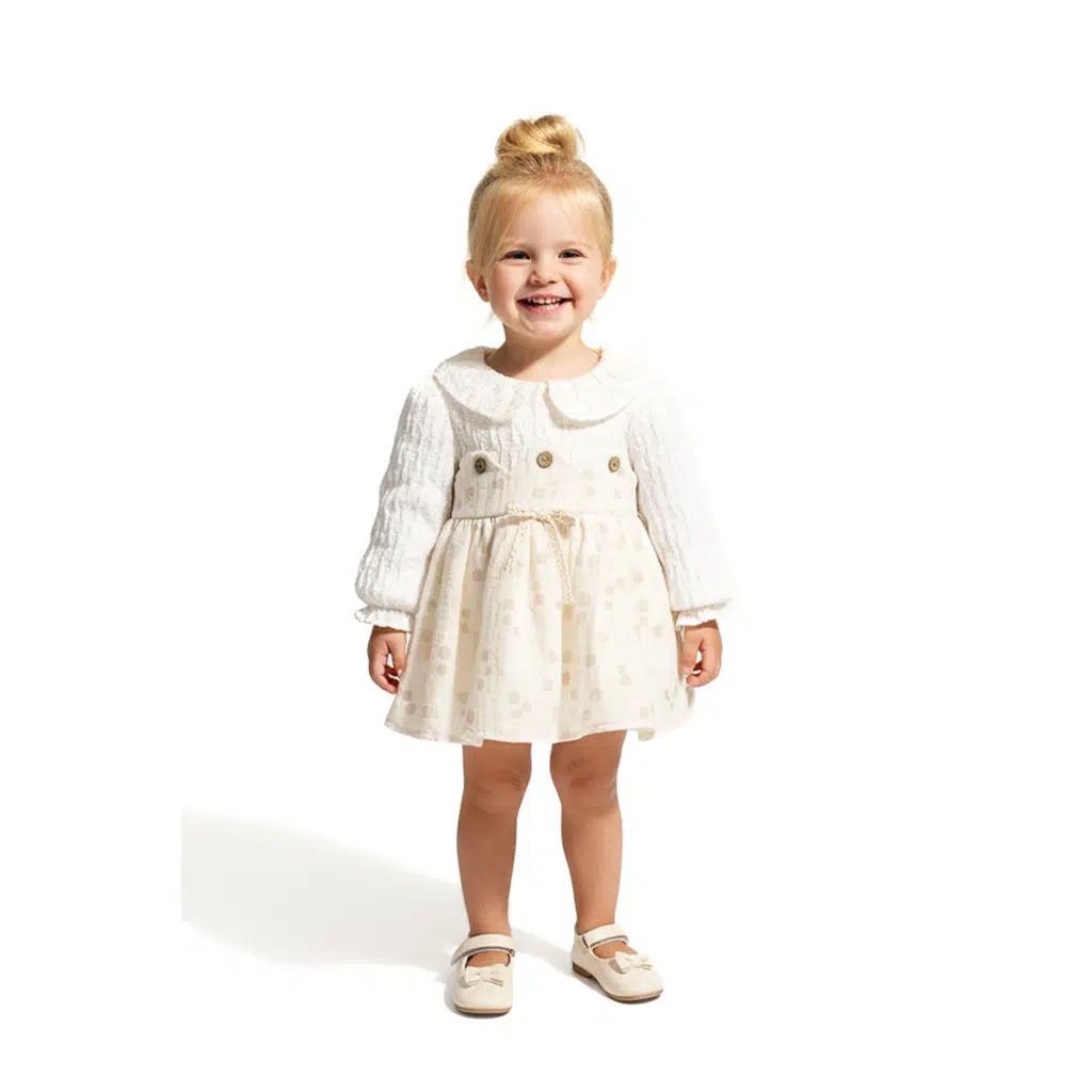 Kız Bebek Elbise Kız Çocuk Elbise Yakalı Doğum Günü Parti Düğün Özel Gün Uzun Kol Astarlı Puanlı - Krem