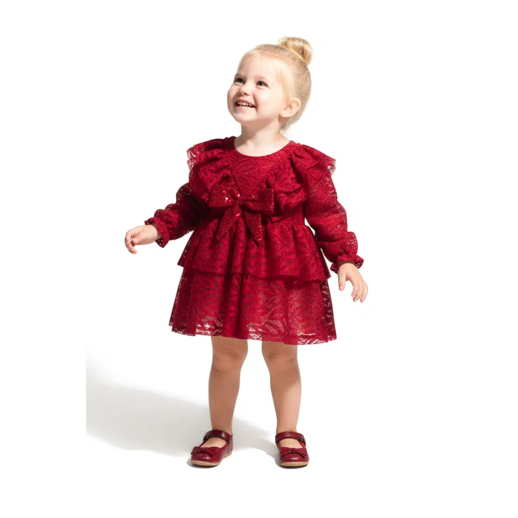 Kız Bebek Elbise Kız Çocuk Elbise Yakalı Doğum Günü Parti Düğün Özel Gün Uzun Kol Fiyonklu Astarlı - Kırmızı