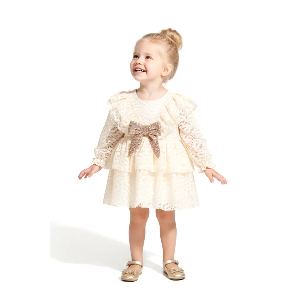 Kız Bebek Elbise Kız Çocuk Elbise Yakalı Doğum Günü Parti Düğün Özel Gün Uzun Kol Fiyonklu Astarlı - Krem