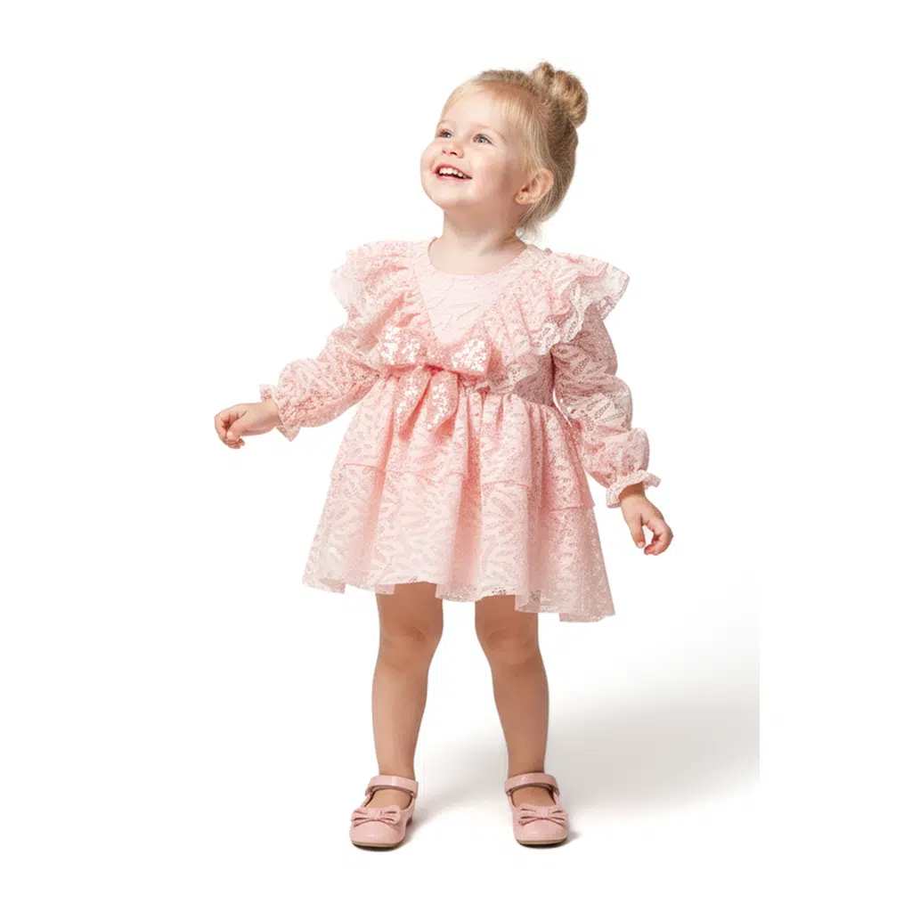 Kız Bebek Elbise Kız Çocuk Elbise Yakalı Doğum Günü Parti Düğün Özel Gün Uzun Kol Fiyonklu Astarlı - Pembe