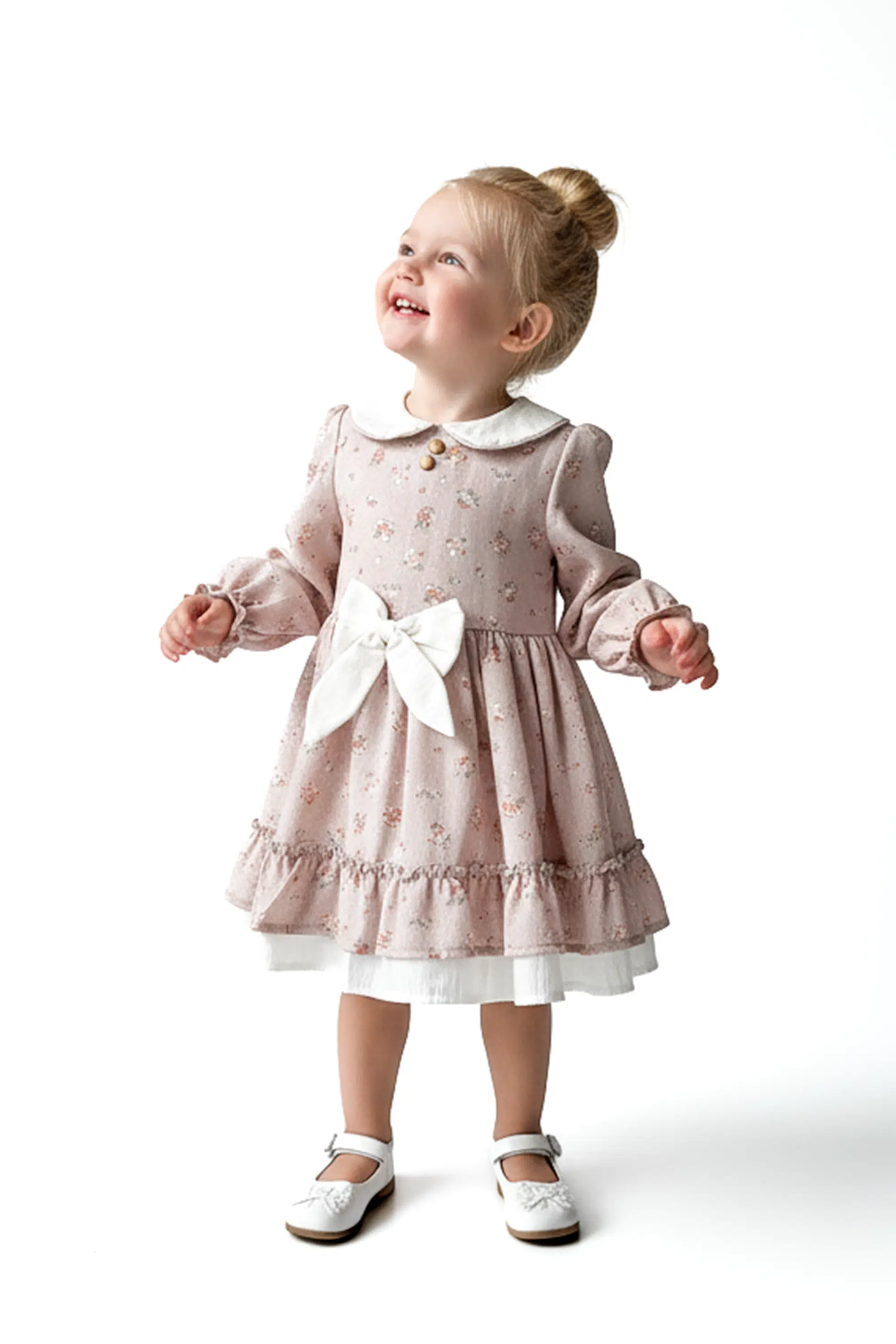 Kız Bebek Elbise Kız Çocuk Elbise Yakalı Doğum Günü Parti Düğün Özel Gün Uzun Kol Fiyonklu Çiçekli - Pembe