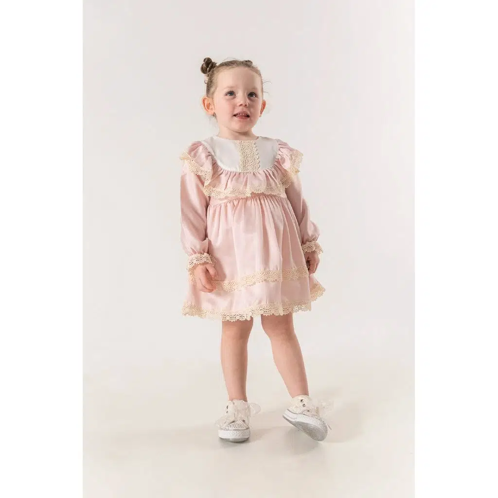Kız Bebek Elbise Kız Çocuk Elbise Doğum Günü Parti Düğün Elbise Astarlı Saten Uzun Kol - Pudra