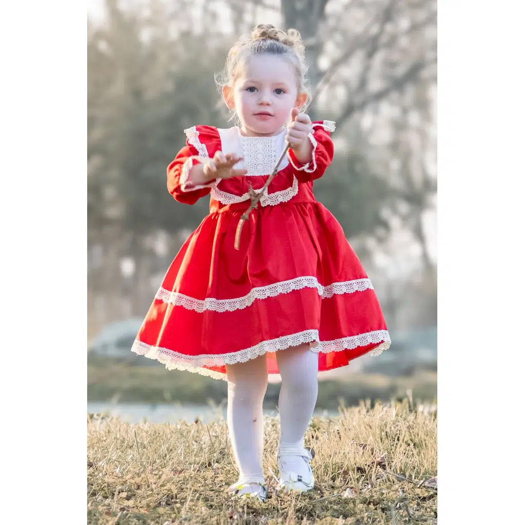 Kız Bebek Elbise Kız Çocuk Elbise Doğum Günü Parti Düğün Elbise Astarlı Saten Uzun Kol - Kırmızı