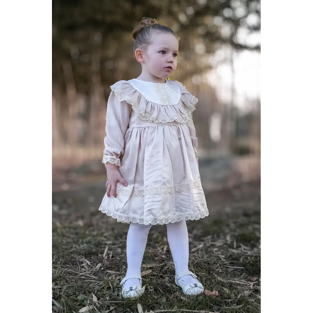 Kız Bebek Elbise Kız Çocuk Elbise Doğum Günü Parti Düğün Elbise Astarlı Saten Uzun Kol - Krem