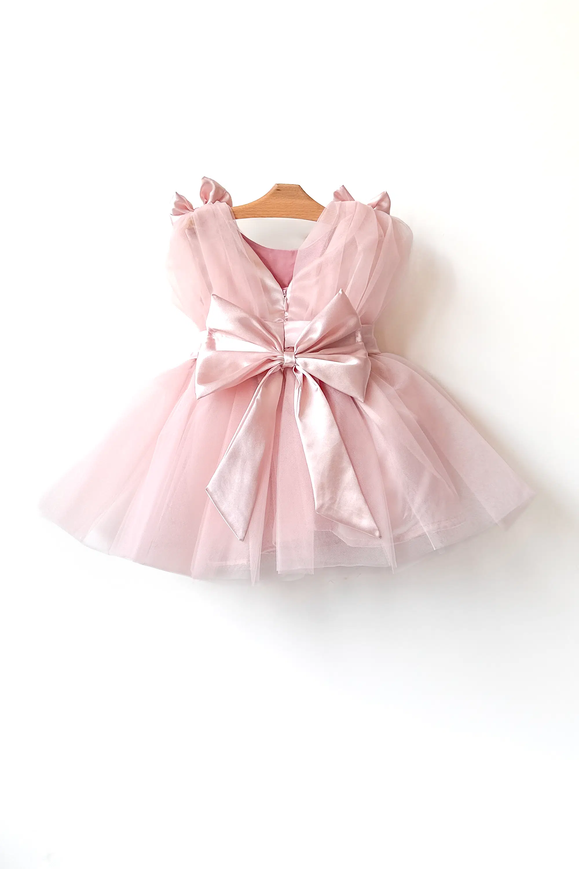 Kız Bebek Kız Çocuk Doğum Günü Parti Düğün Elbise Balonkol Fiyonklu Tüllü Tütü Astarlı - Pudra