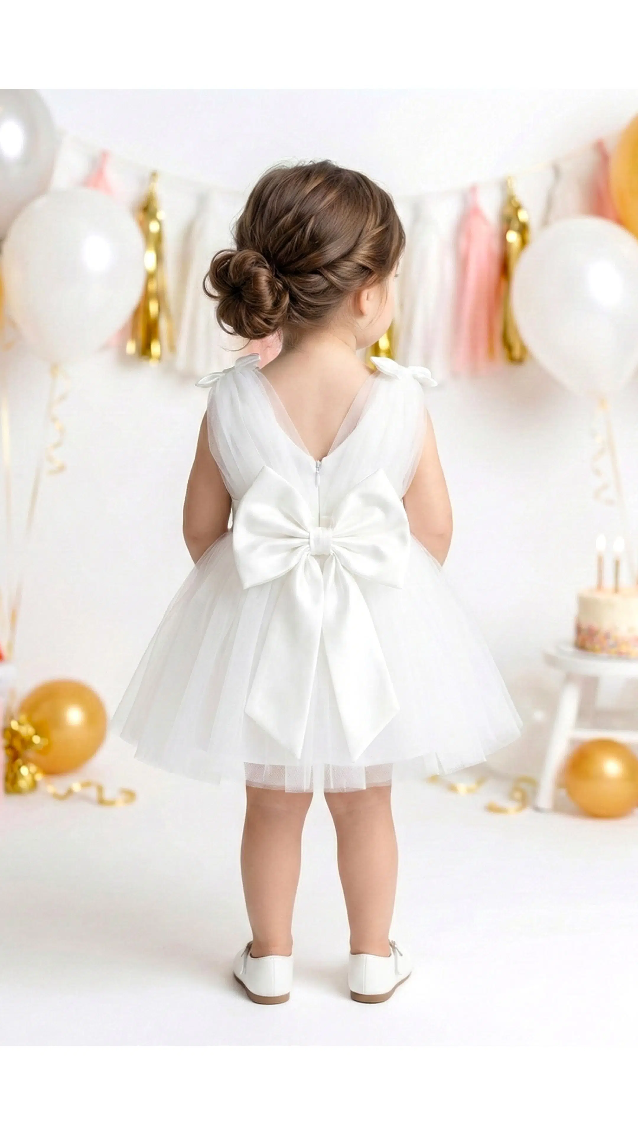 Kız Bebek Kız Çocuk Doğum Günü Parti Düğün Elbise Balonkol Fiyonklu Tüllü Tütü Astarlı - Beyaz