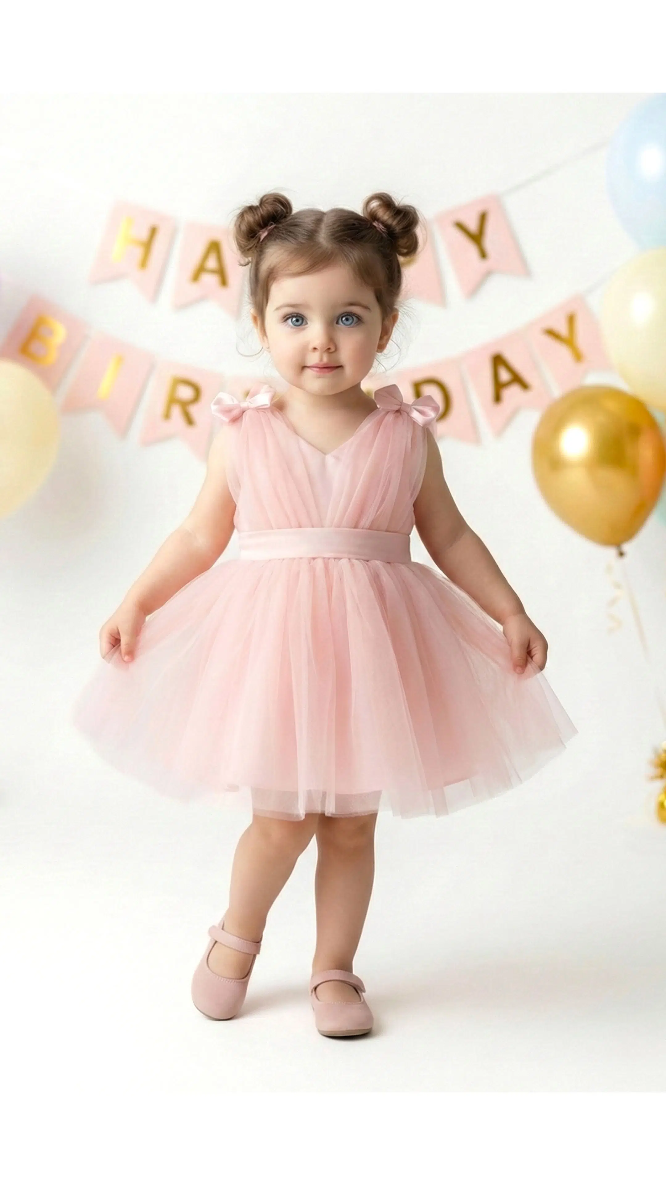 Kız Bebek Kız Çocuk Doğum Günü Parti Düğün Elbise Balonkol Fiyonklu Tüllü Tütü Astarlı - Pudra