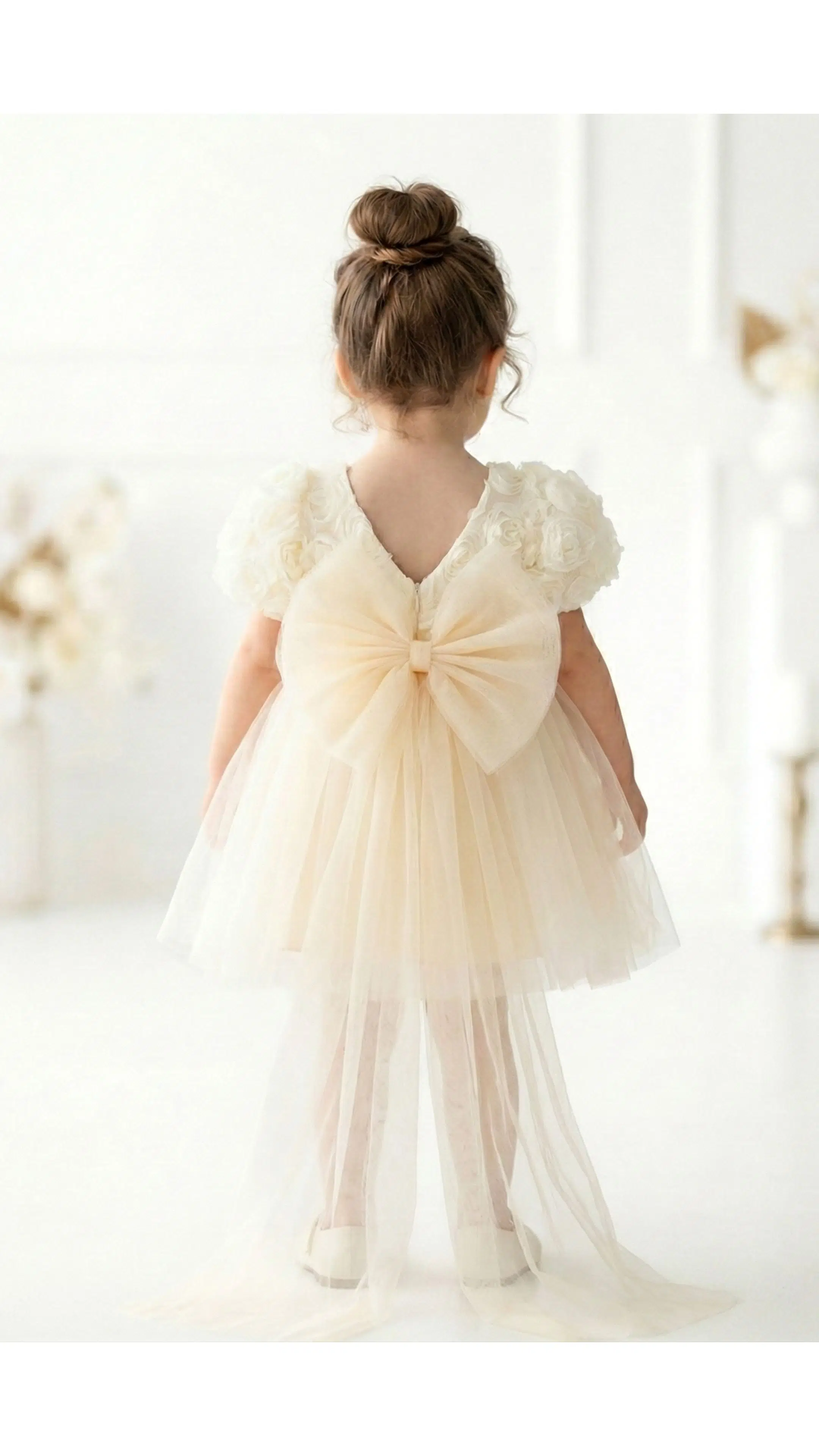 Kız Bebek Kız Çocuk Doğum Günü Parti Düğün Elbise Balonkol Güllü Fiyonklu Tüllü Tütü Astarlı