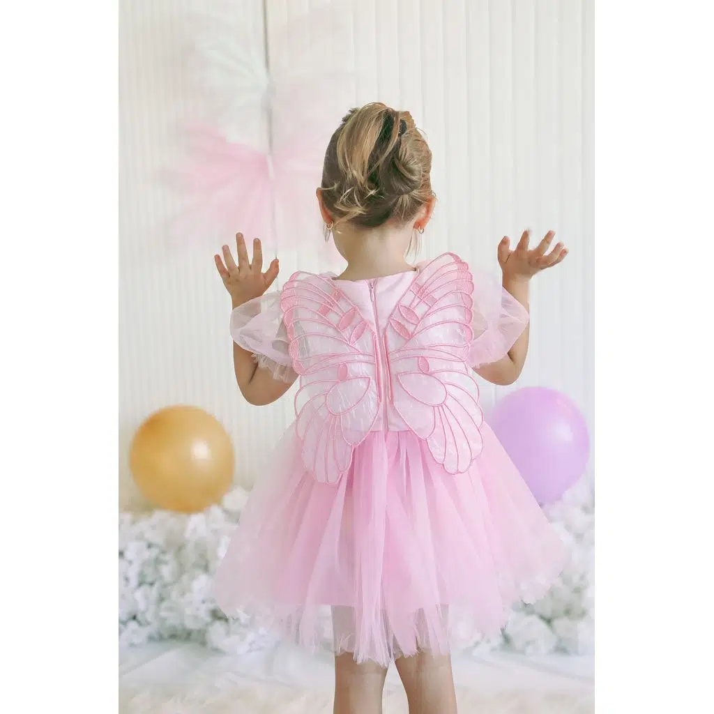 Kız Bebek Kız Çocuk Doğum Günü Parti Düğün Elbise Balonkol Kanatlı Tüllü Tütülü Tütü Astarlı - Pembe