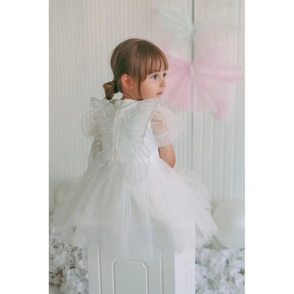 Kız Bebek Kız Çocuk Doğum Günü Parti Düğün Elbise Balonkol Kanatlı Tüllü Tütülü Tütü Astarlı - Beyaz