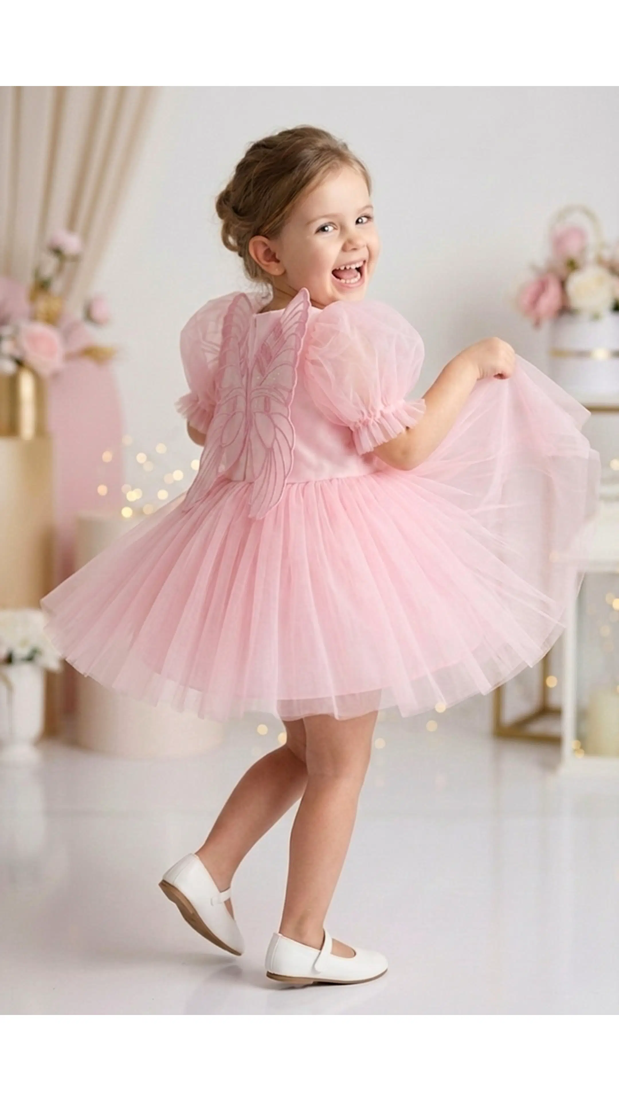 Kız Bebek Kız Çocuk Doğum Günü Parti Düğün Elbise Balonkol Kanatlı Tüllü Tütülü Tütü Astarlı - Pembe