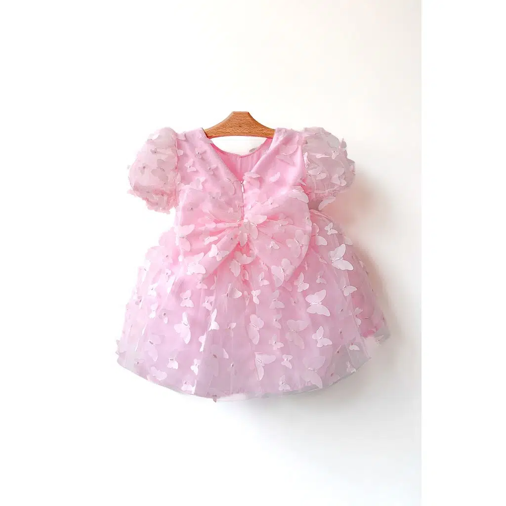 Kız Bebek Kız Çocuk Doğum Günü Parti Düğün Elbise Balonkol Kelebekli Fiyonklu Tüllü Tütü Astarlı - Pembe