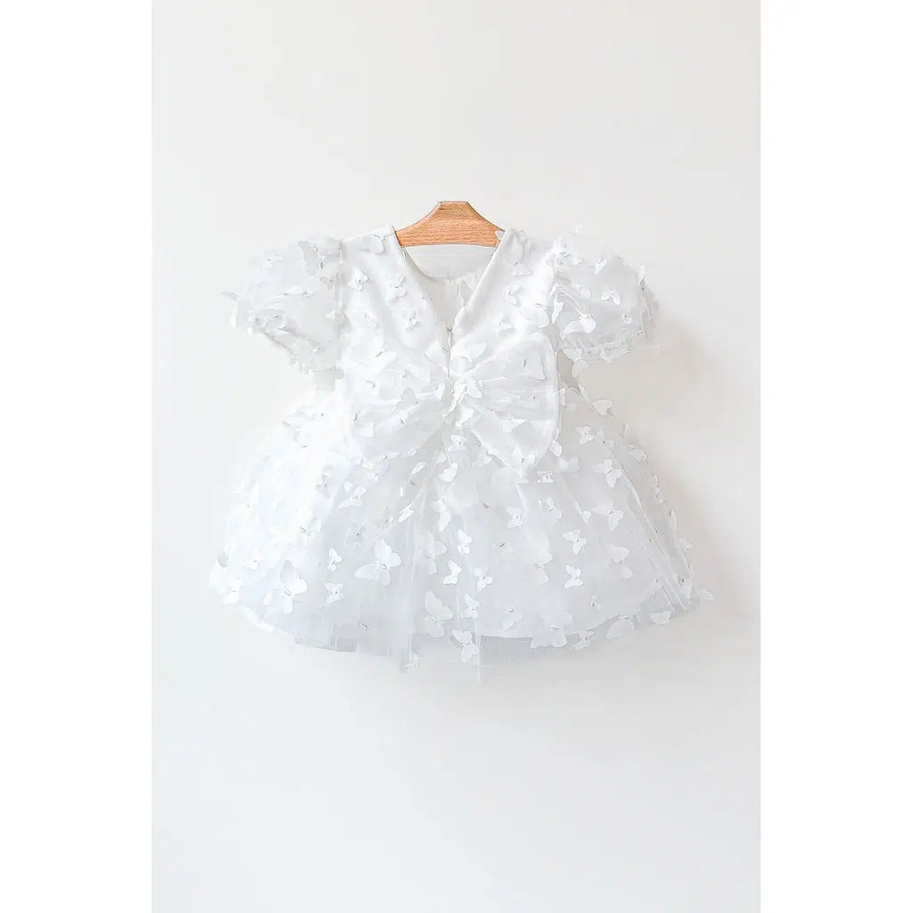 Kız Bebek Kız Çocuk Doğum Günü Parti Düğün Elbise Balonkol Kelebekli Fiyonklu Tüllü Tütü Astarlı - Beyaz