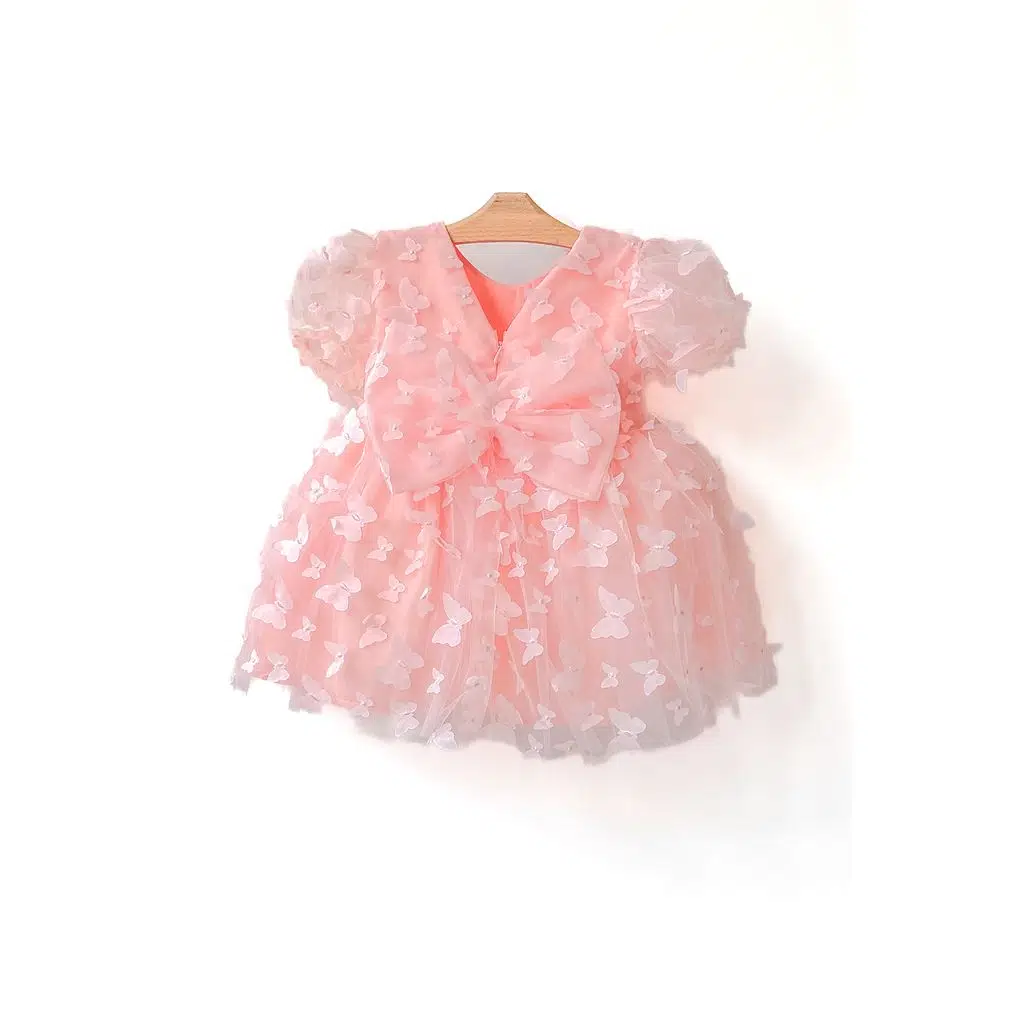 Kız Bebek Kız Çocuk Doğum Günü Parti Düğün Elbise Balonkol Kelebekli Fiyonklu Tüllü Tütü Astarlı - Pudra
