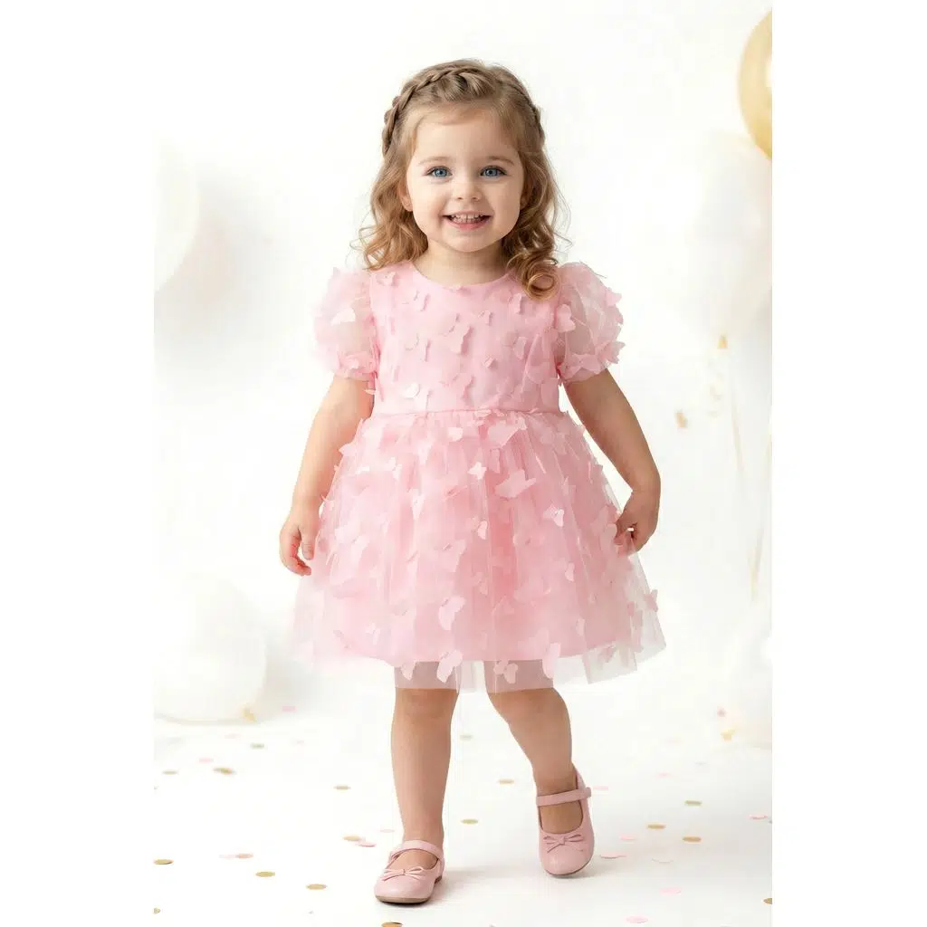 Kız Bebek Kız Çocuk Doğum Günü Parti Düğün Elbise Balonkol Kelebekli Fiyonklu Tüllü Tütü Astarlı - Pembe