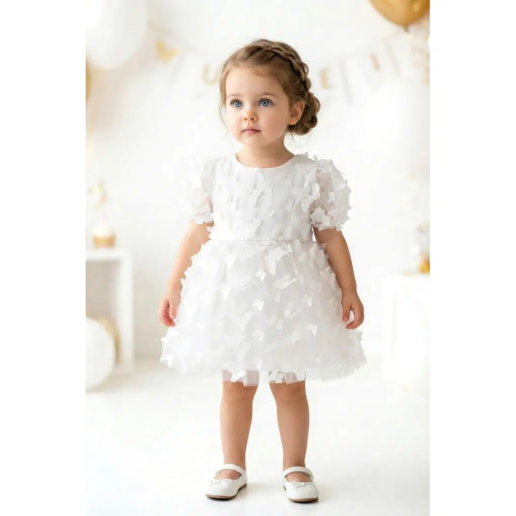 Kız Bebek Kız Çocuk Doğum Günü Parti Düğün Elbise Balonkol Kelebekli Fiyonklu Tüllü Tütü Astarlı - Beyaz