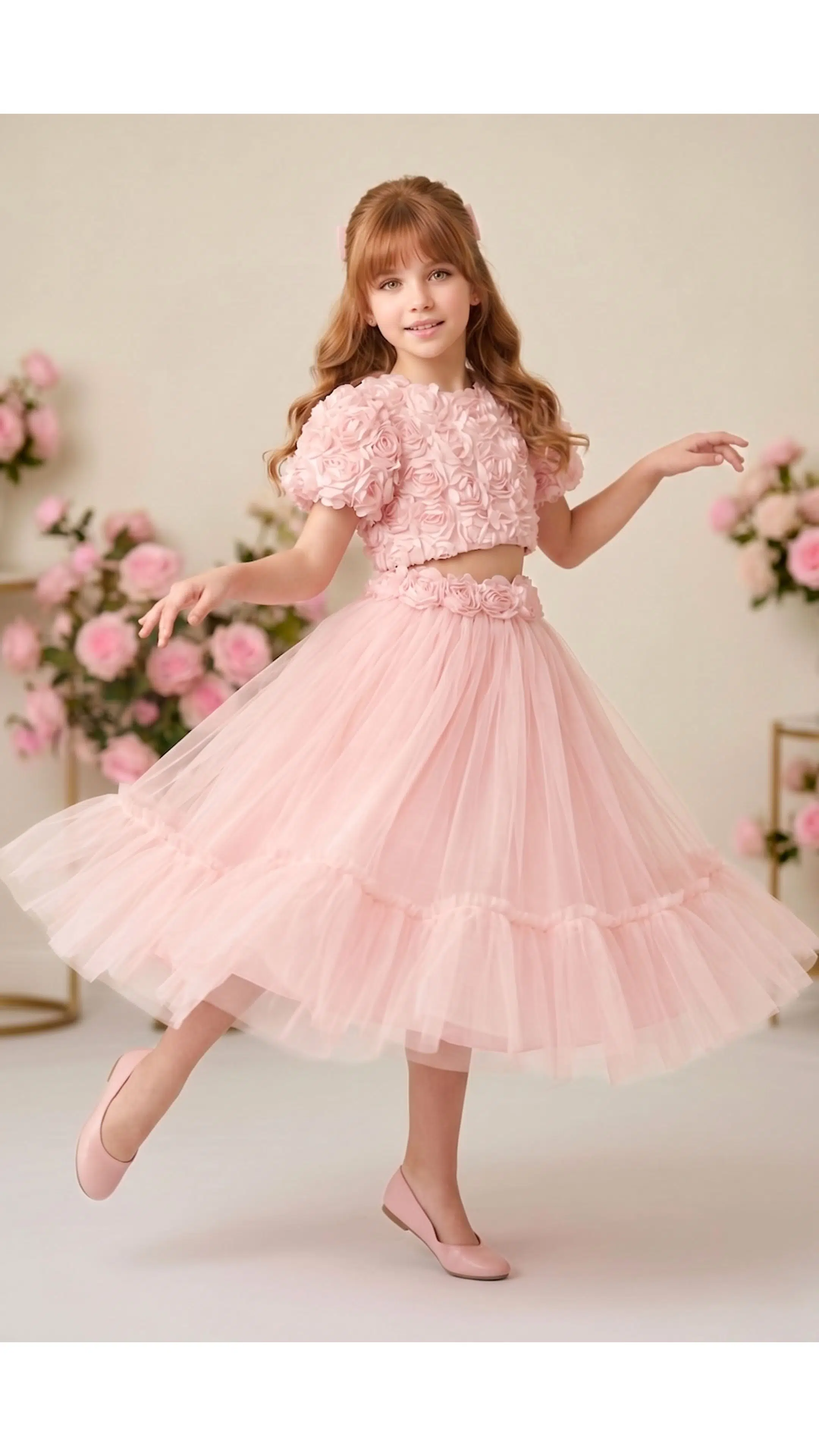 Kız Bebek Kız Çocuk Doğum Günü Parti Düğün Elbise İkili Takım Kısa Kol Güllü Fiyonklu Tüllü Tütü Astarlı