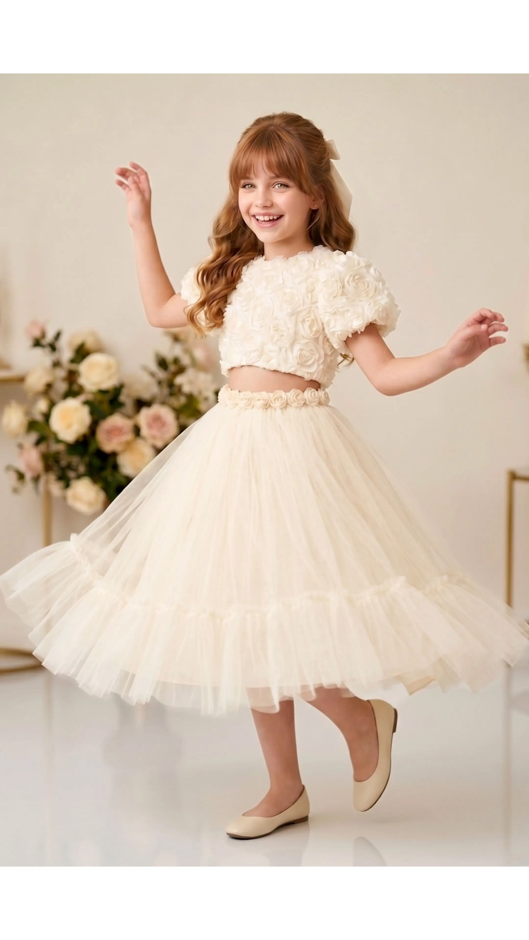 Kız Bebek Kız Çocuk Doğum Günü Parti Düğün Elbise İkili Takım Kısa Kol Güllü Fiyonklu Tüllü Tütü Astarlı - Krem