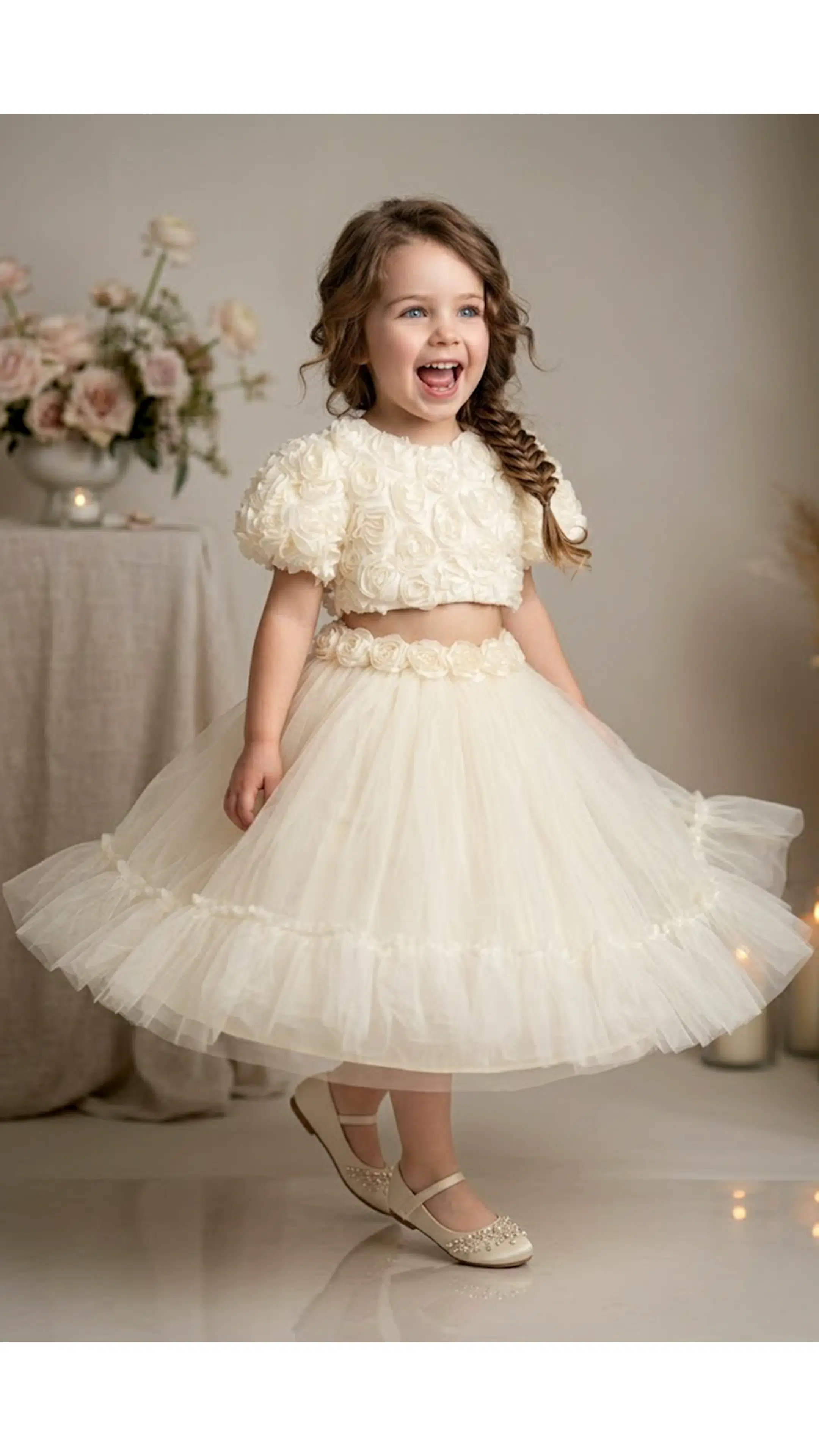 Kız Bebek Kız Çocuk Doğum Günü Parti Düğün Elbise İkili Takım Kısa Kol Güllü Fiyonklu Tüllü Tütü Astarlı