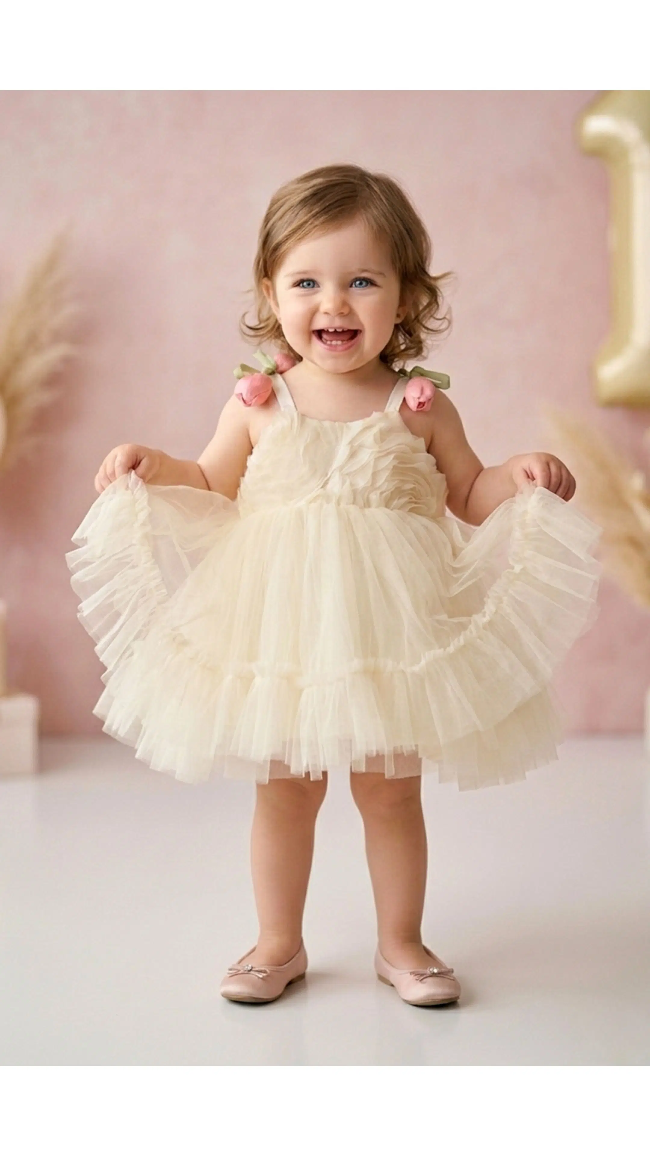 Kız Bebek Kız Çocuk Doğum Günü Parti Düğün Elbise Kısa Kol Askılı Kolsuz Astarlı Tüllü Güllü Çiçekli - Krem