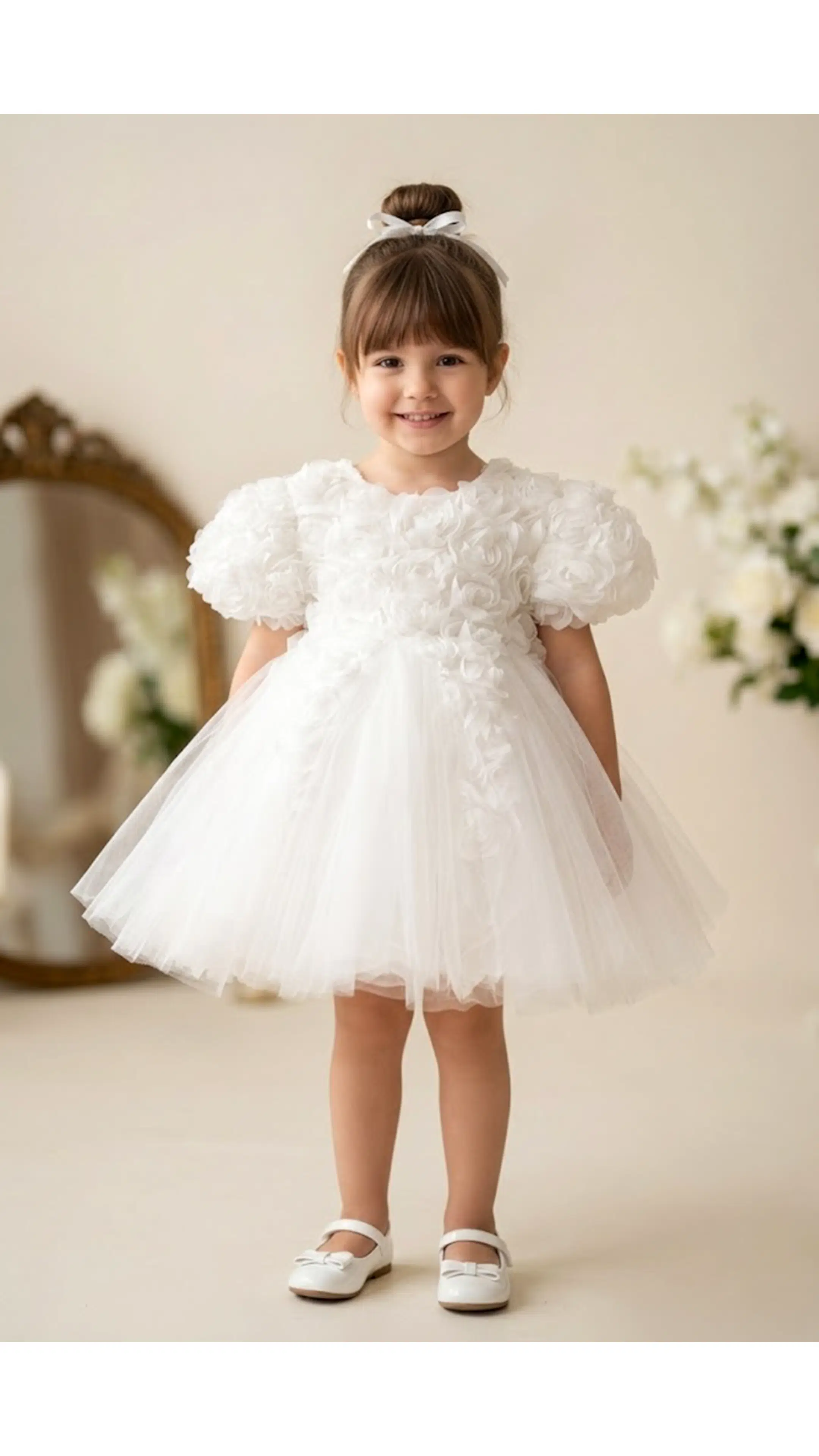 Kız Bebek Kız Çocuk Doğum Günü Parti Düğün Elbise Kısa Kol Astarlı Tüllü Güllü Çiçekli Fiyonklu - Beyaz