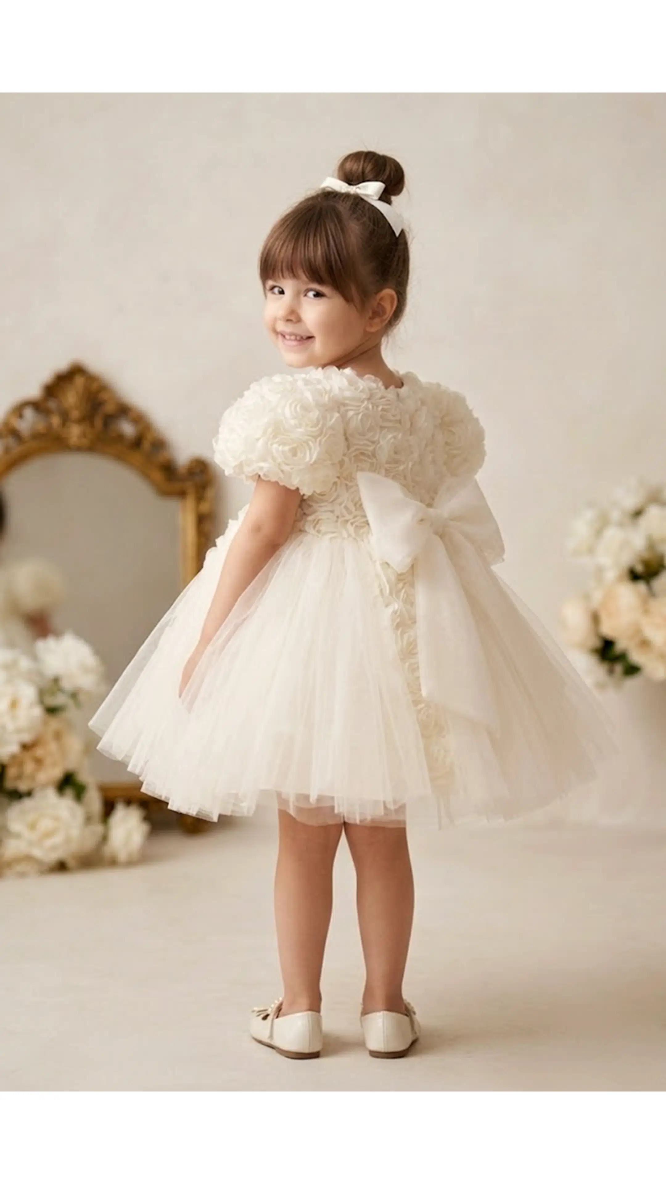 Kız Bebek Kız Çocuk Doğum Günü Parti Düğün Elbise Kısa Kol Astarlı Tüllü Güllü Çiçekli Fiyonklu - Krem