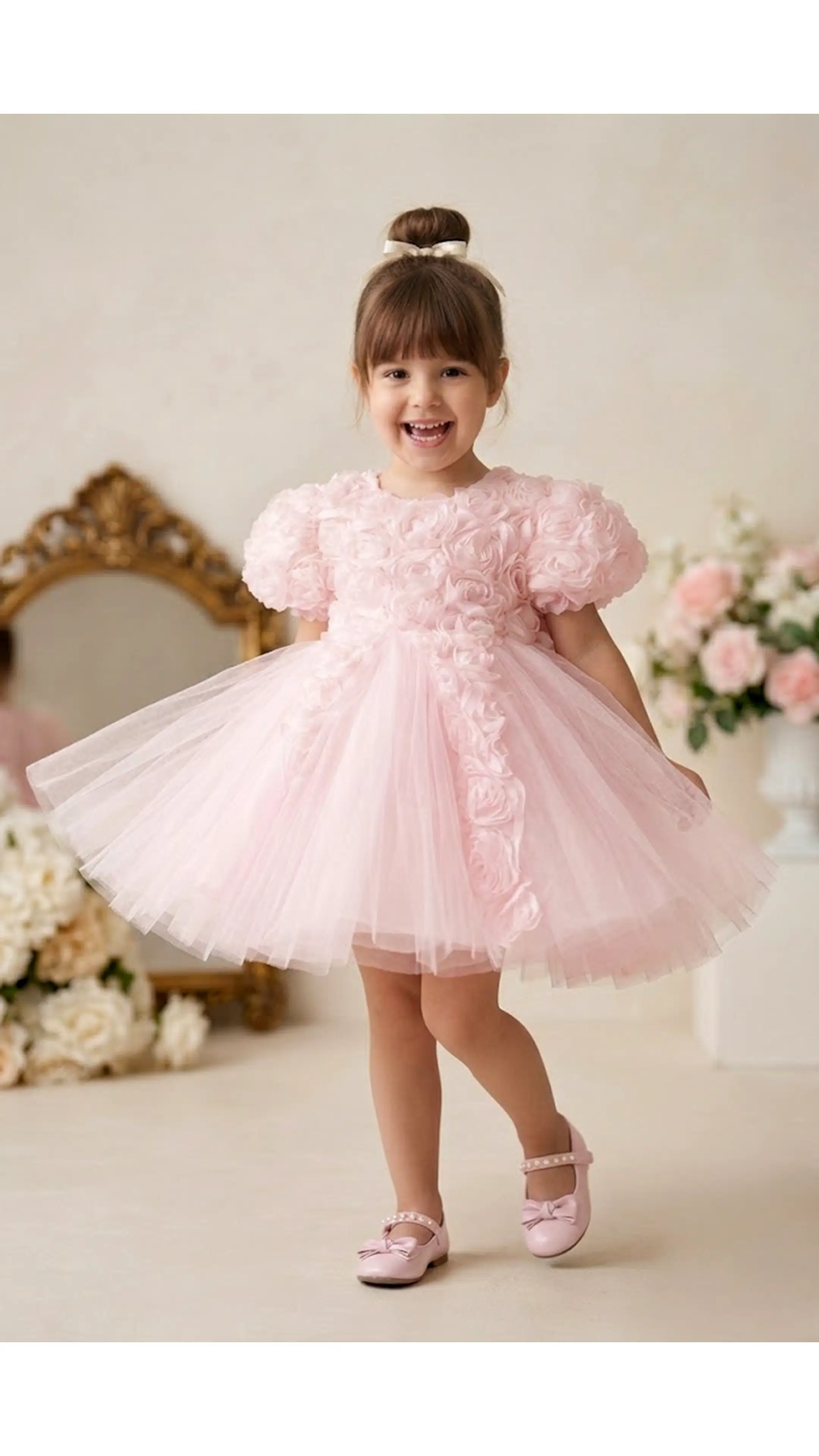 Kız Bebek Kız Çocuk Doğum Günü Parti Düğün Elbise Kısa Kol Astarlı Tüllü Güllü Çiçekli Fiyonklu